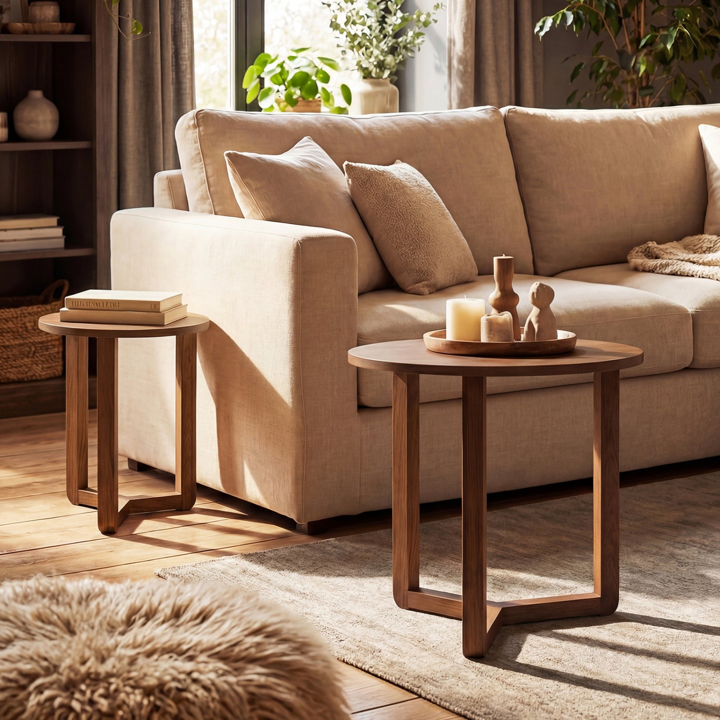 Round Nesting Coffee Table Set, 2 Wood End Tables, Thickened Top, Walnut Coffee Tables at Gallery Canada