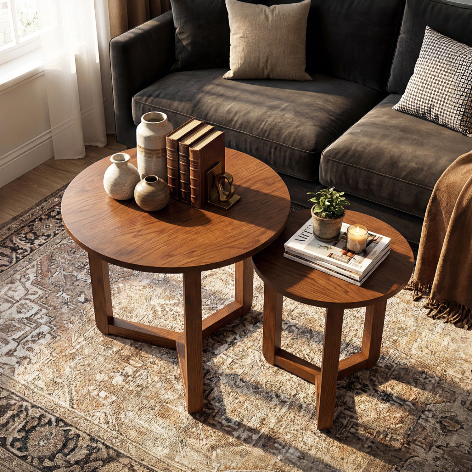 Round Nesting Coffee Table Set, 2 Wood End Tables, Thickened Top, Walnut Coffee Tables at Gallery Canada