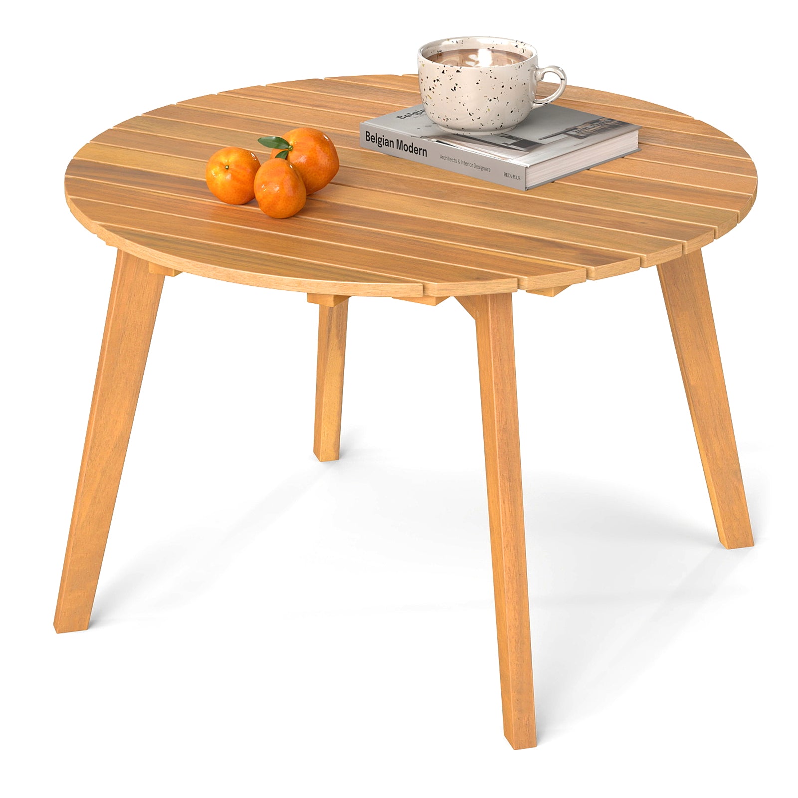 Round Acacia Wood Side Table, Slatted Tabletop, Natural Patio Coffee Tables at Gallery Canada