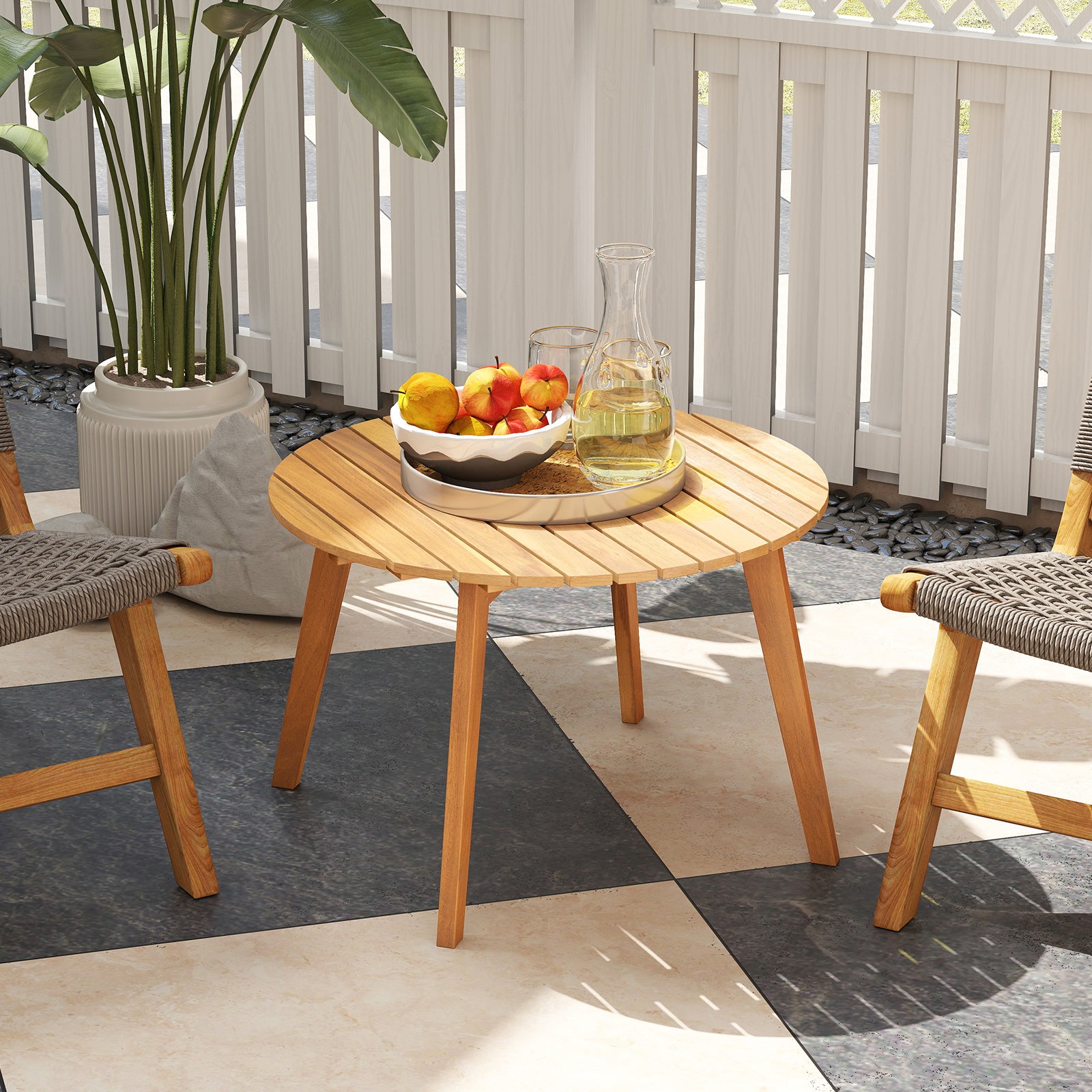 Round Acacia Wood Side Table, Slatted Tabletop, Natural Patio Coffee Tables at Gallery Canada