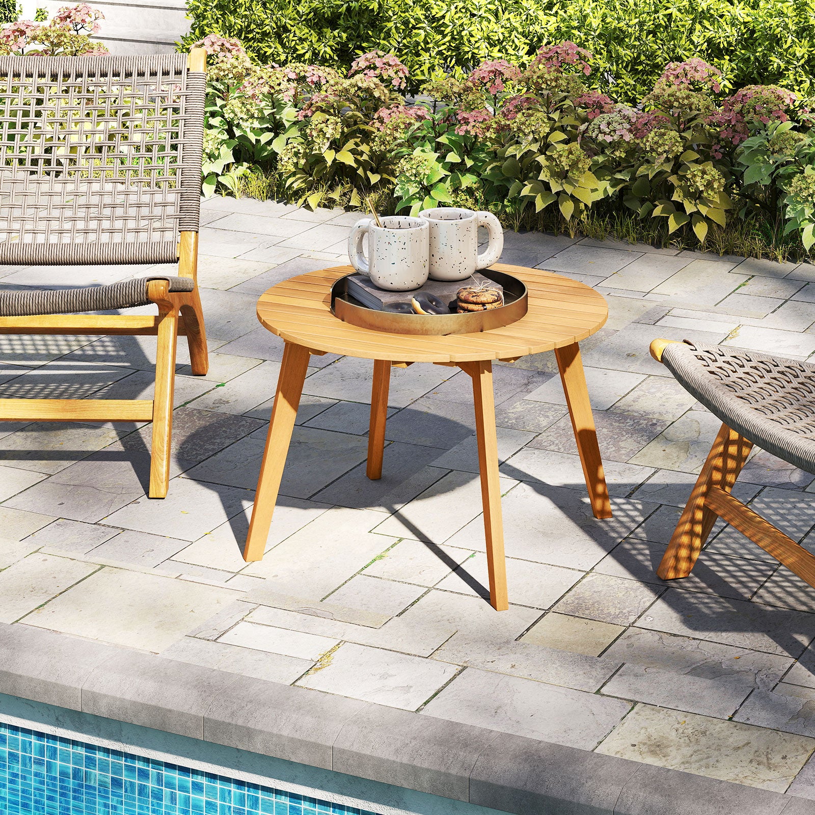 Round Acacia Wood Side Table, Slatted Tabletop, Natural Patio Coffee Tables at Gallery Canada