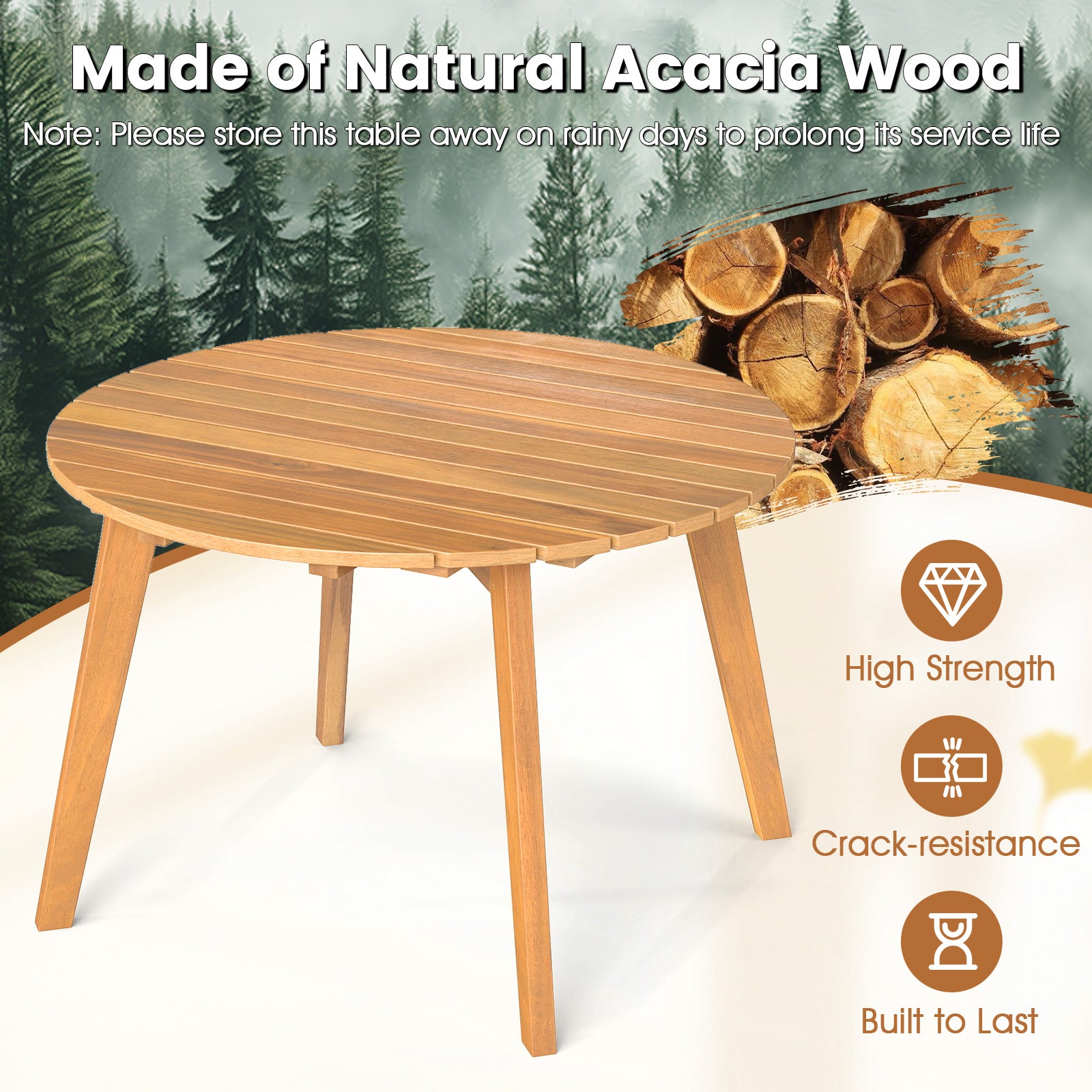 Round Acacia Wood Side Table, Slatted Tabletop, Natural Patio Coffee Tables at Gallery Canada