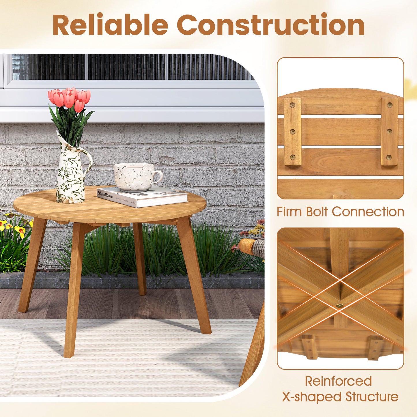 Round Acacia Wood Side Table, Slatted Tabletop, Natural Patio Coffee Tables at Gallery Canada