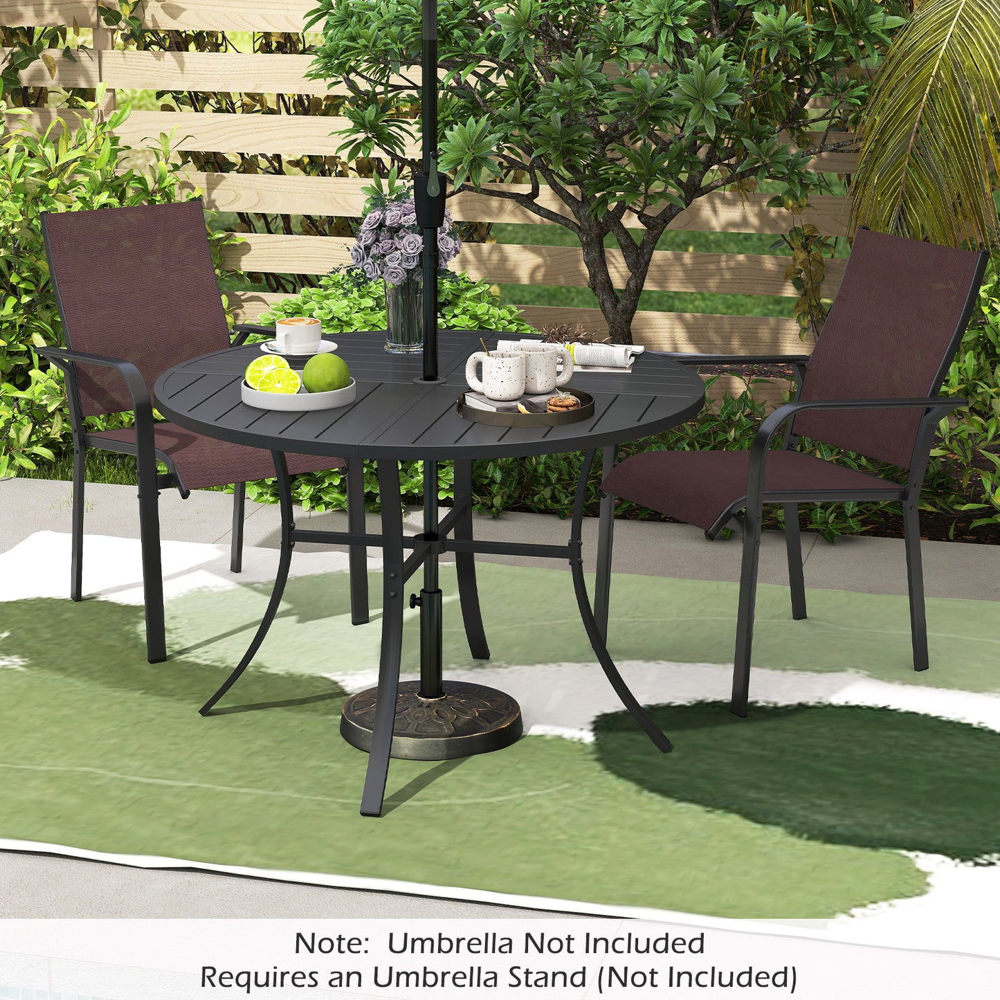 Round Patio Dining Table, 42.5 Inch, Metal Slat With Umbrella Hole, Black Patio Dining Tables at Gallery Canada