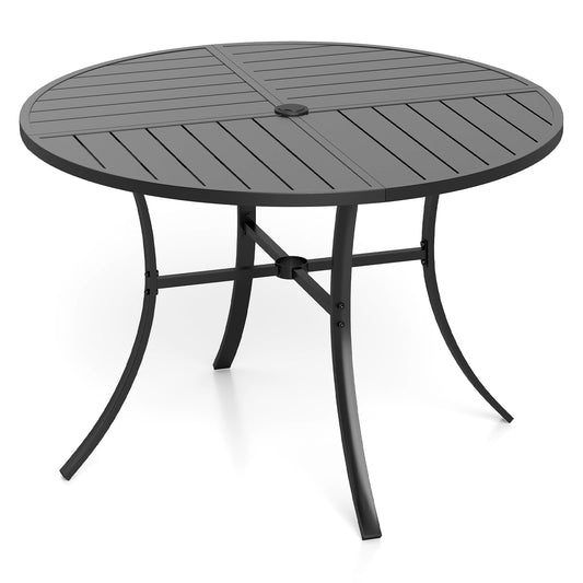 Round Patio Dining Table, 42.5 Inch, Metal Slat With Umbrella Hole, Black Patio Dining Tables Black at Gallery Canada