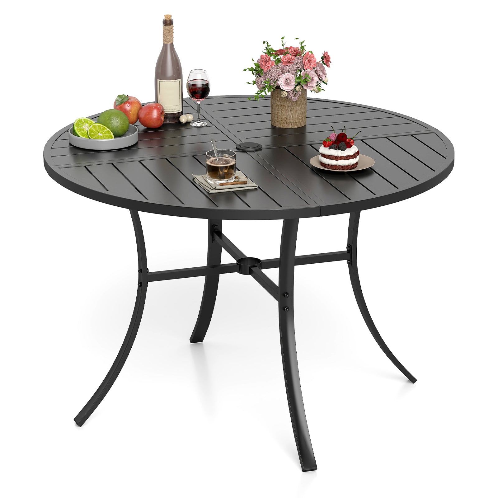 Round Patio Dining Table, 42.5 Inch, Metal Slat With Umbrella Hole, Black Patio Dining Tables at Gallery Canada