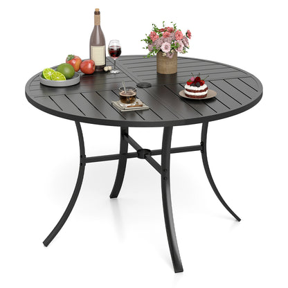 Round Patio Dining Table, 42.5 Inch, Metal Slat With Umbrella Hole, Black Patio Dining Tables at Gallery Canada