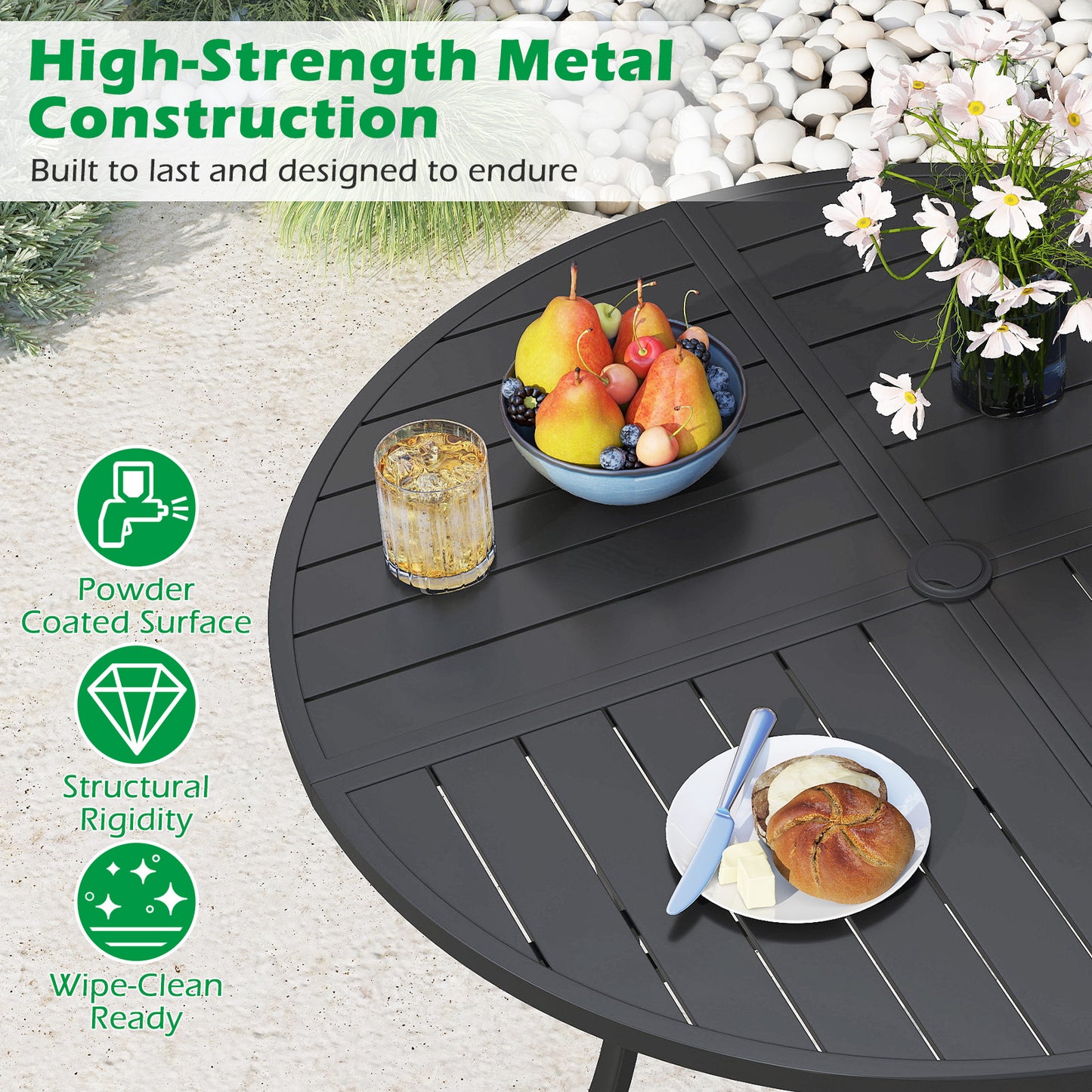 Round Patio Dining Table, 42.5 Inch, Metal Slat With Umbrella Hole, Black Patio Dining Tables at Gallery Canada