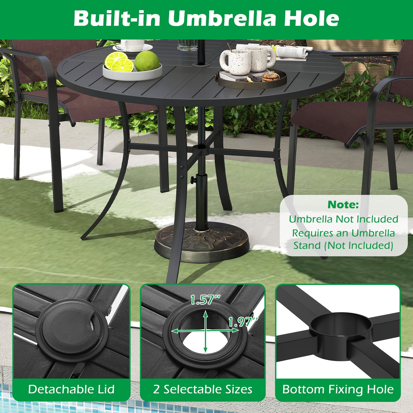 Round Patio Dining Table, 42.5 Inch, Metal Slat With Umbrella Hole, Black Patio Dining Tables at Gallery Canada