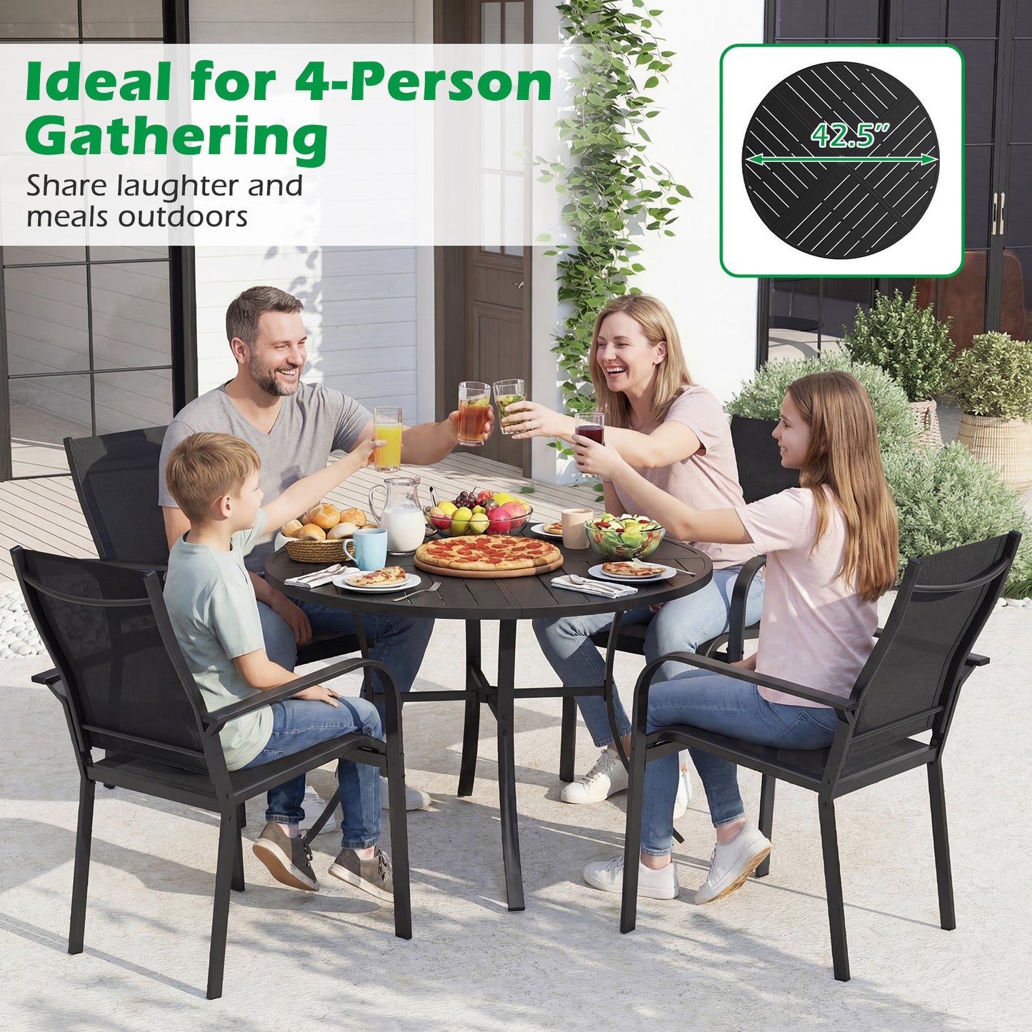 Round Patio Dining Table, 42.5 Inch, Metal Slat With Umbrella Hole, Black Patio Dining Tables at Gallery Canada