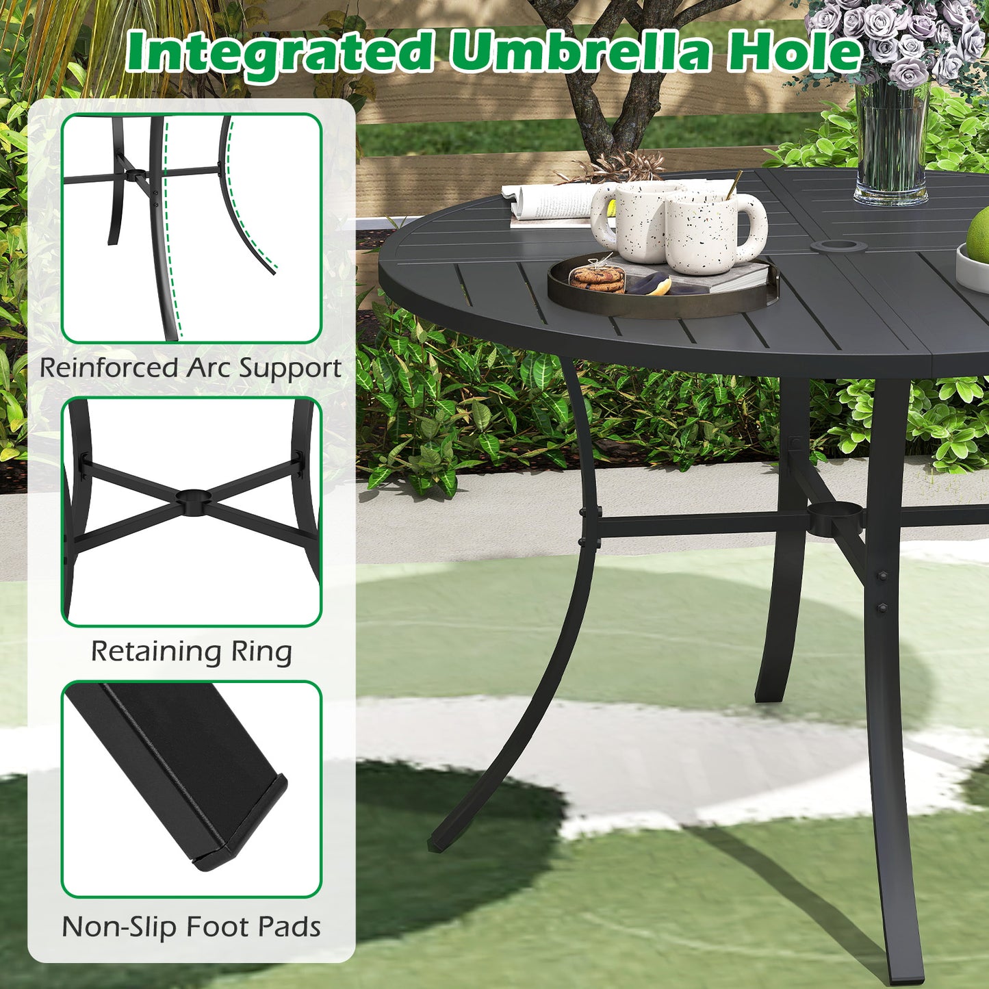 Round Patio Dining Table, 42.5 Inch, Metal Slat With Umbrella Hole, Black Patio Dining Tables at Gallery Canada