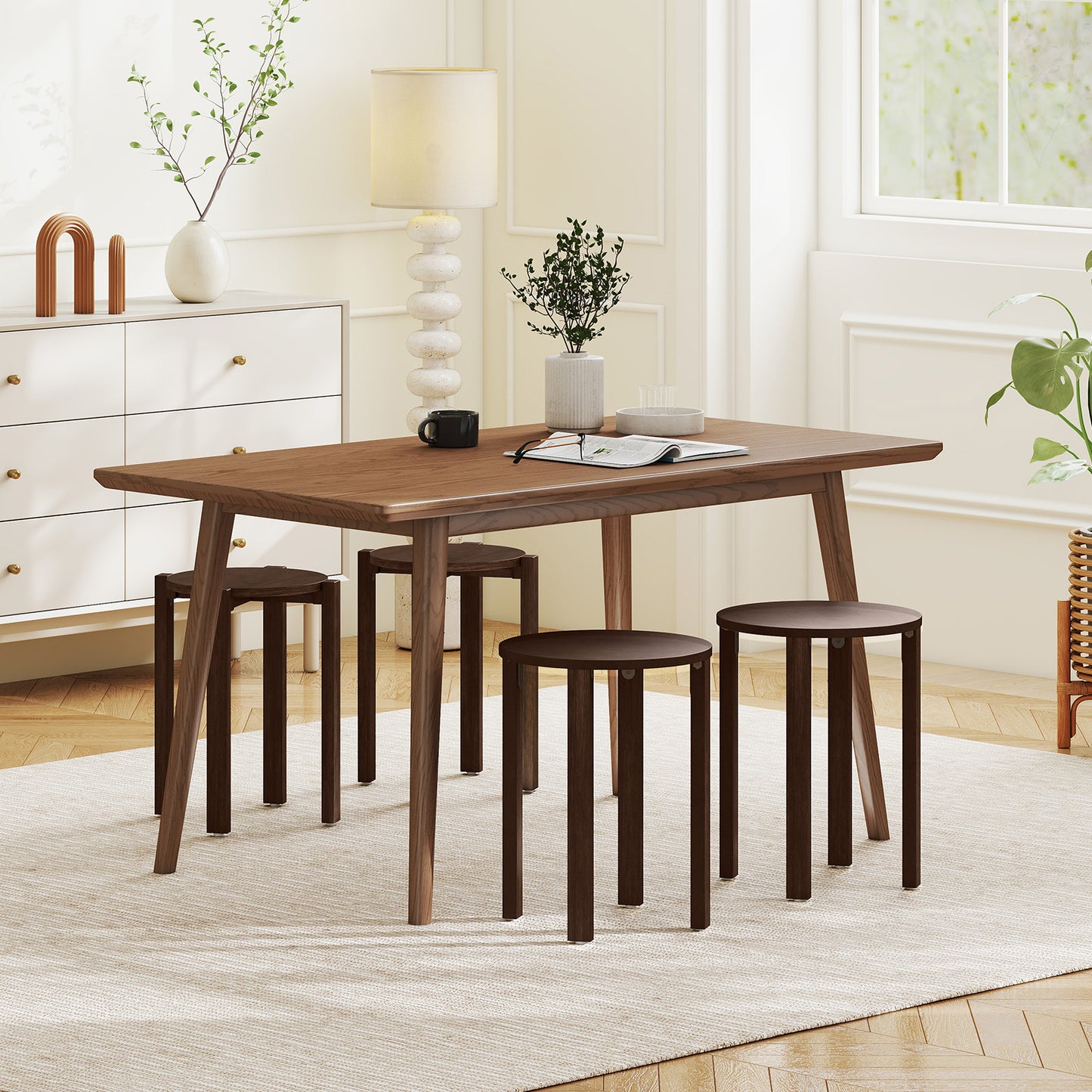 Round Wood Nesting Stools With Locking Casters, Walnut Dining Chairs at Gallery Canada