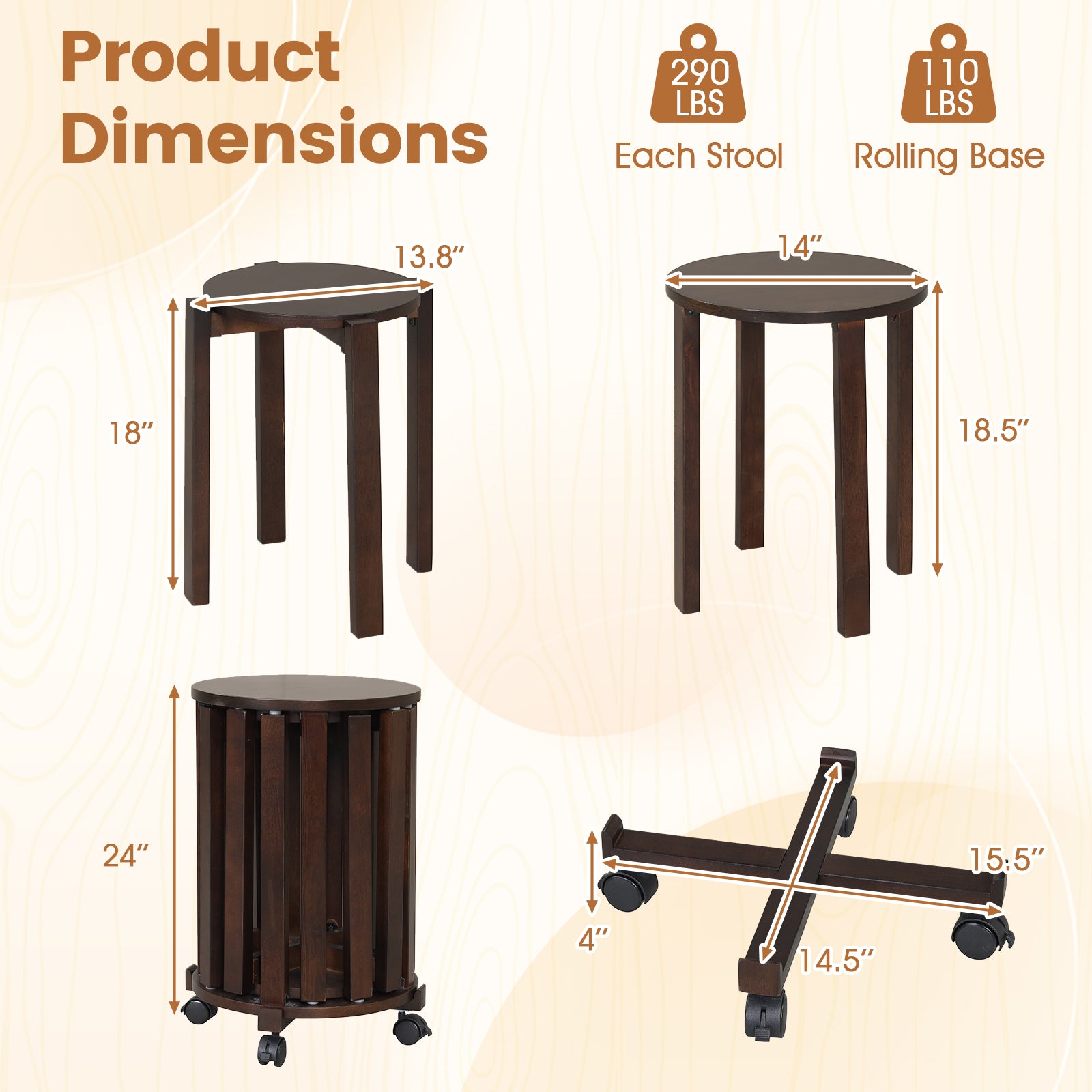 Round Wood Nesting Stools With Locking Casters, Walnut Dining Chairs at Gallery Canada
