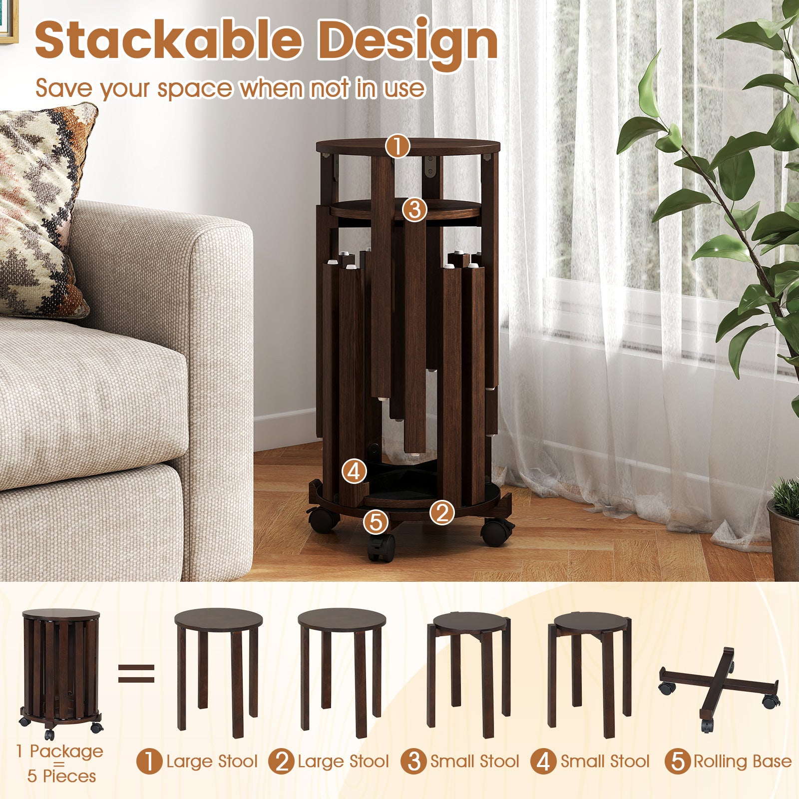 Round Wood Nesting Stools With Locking Casters, Walnut Dining Chairs at Gallery Canada