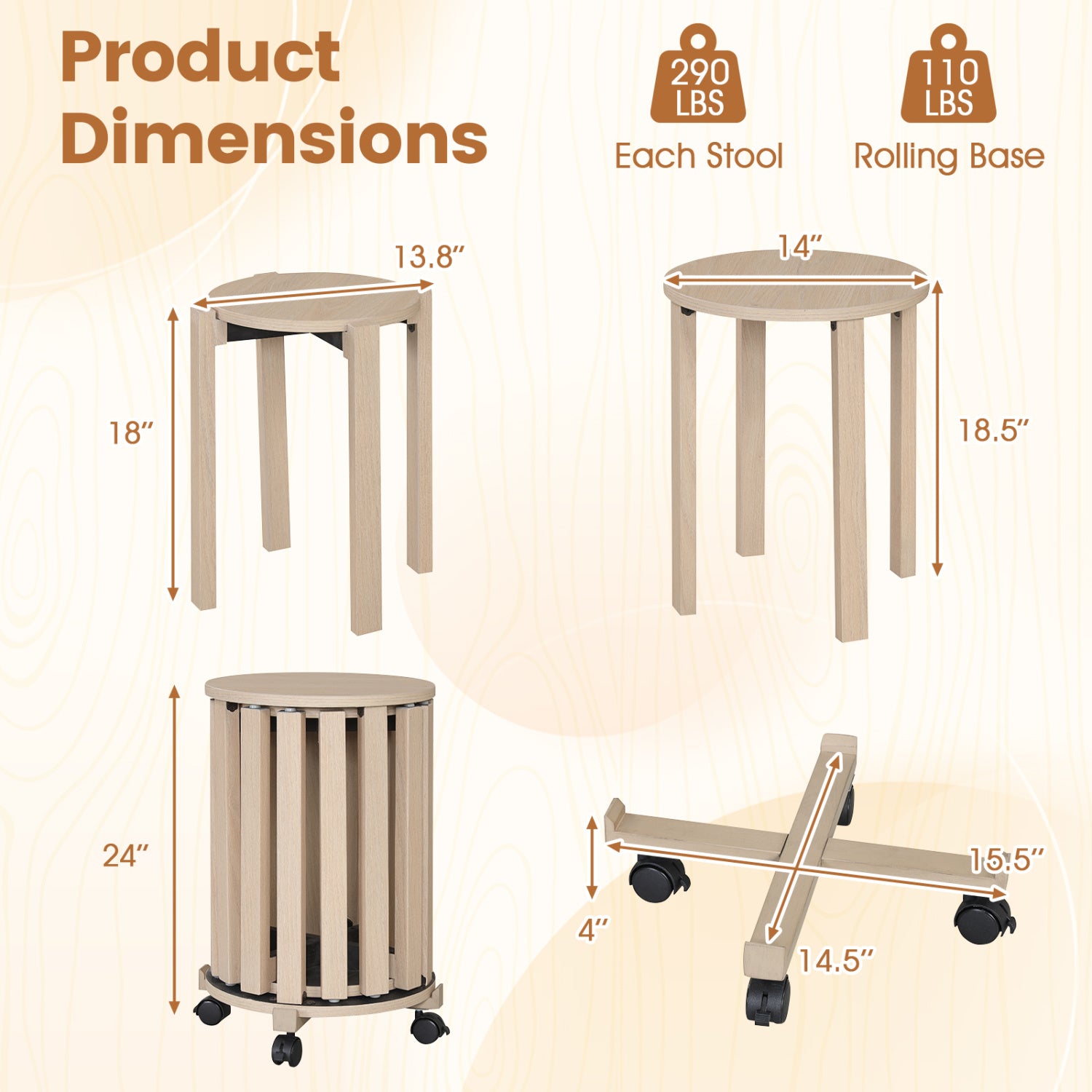 Round Wood Nesting Stools With Locking Casters, Natural Dining Chairs at Gallery Canada
