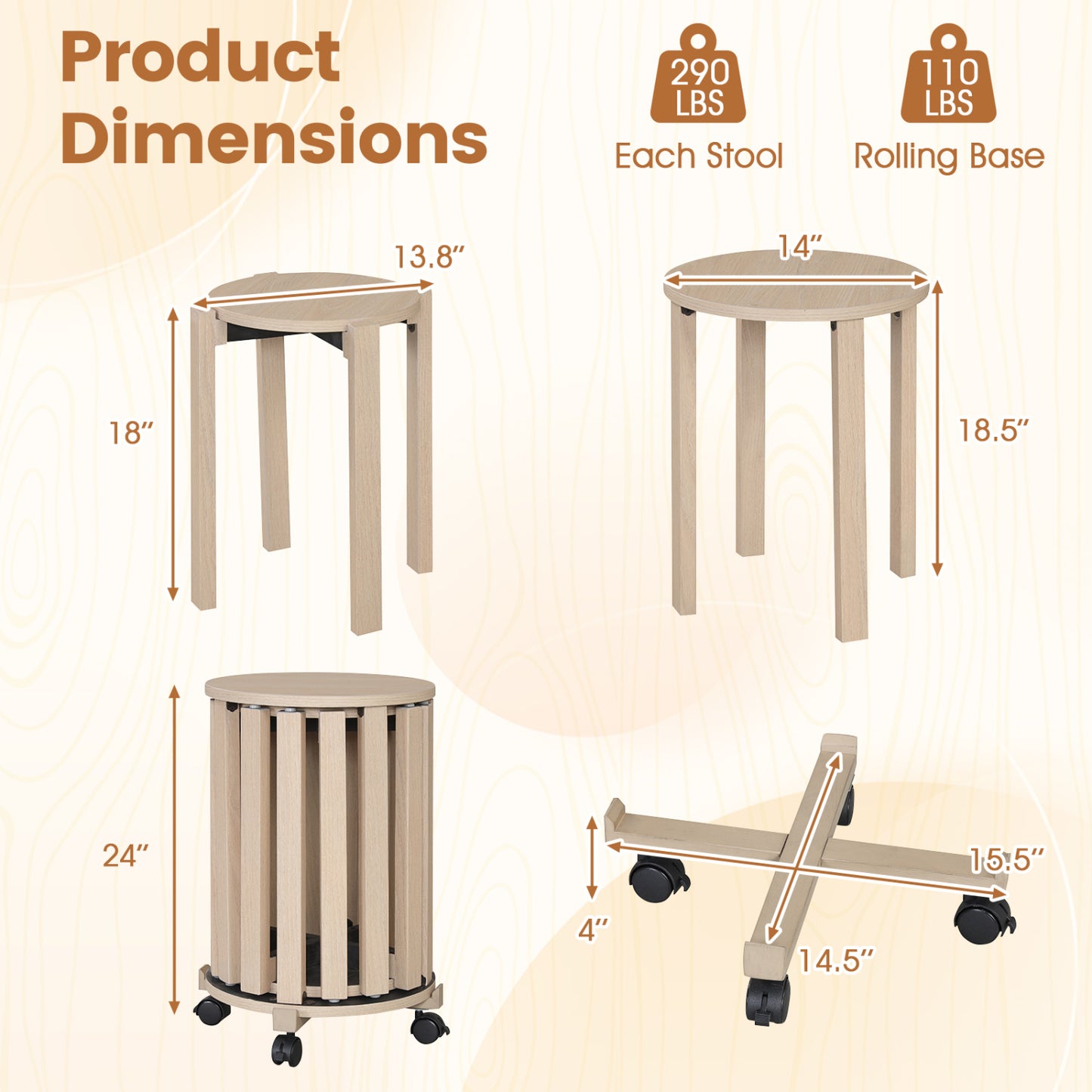 Round Wood Nesting Stools With Locking Casters, Natural Dining Chairs at Gallery Canada