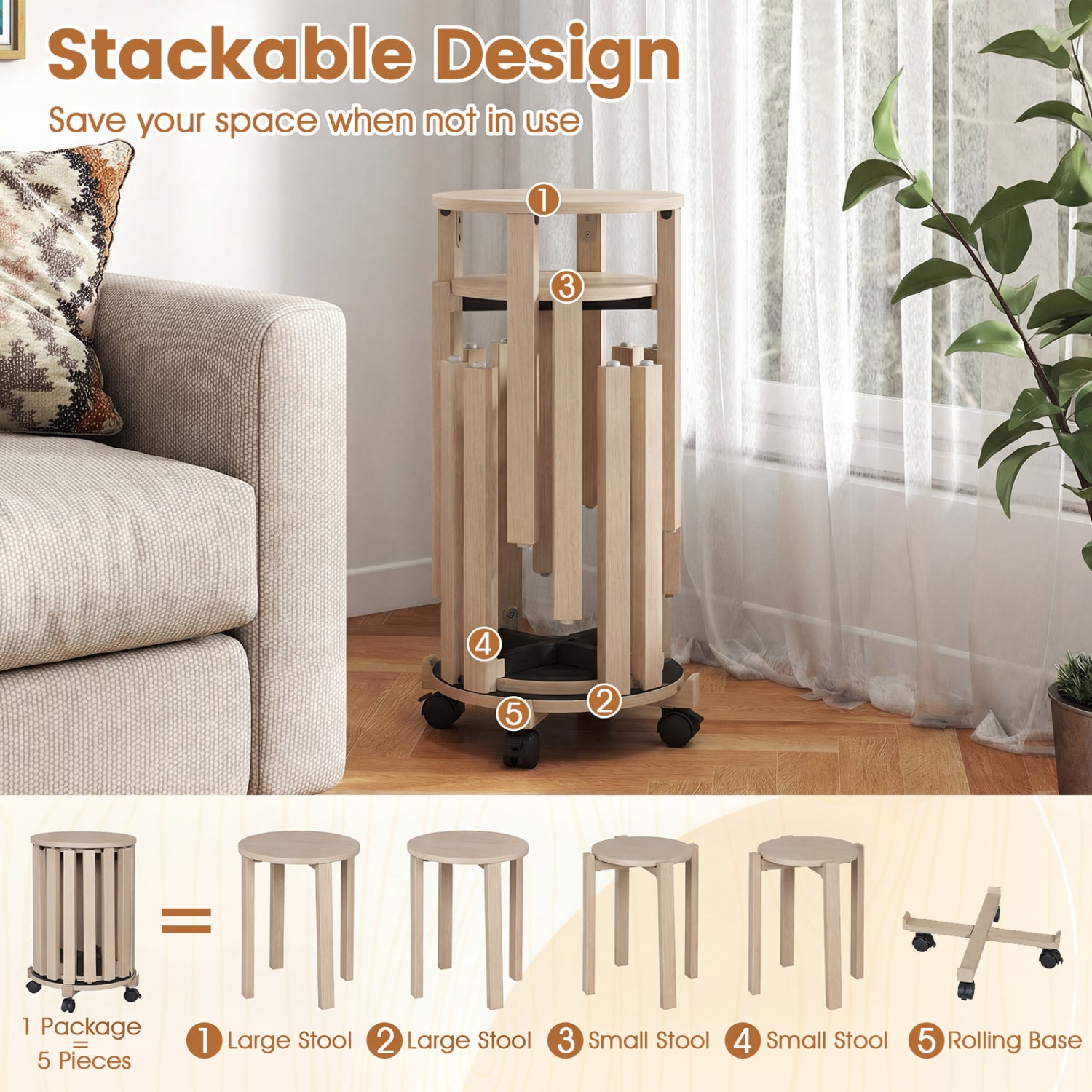 Round Wood Nesting Stools With Locking Casters, Natural Dining Chairs at Gallery Canada