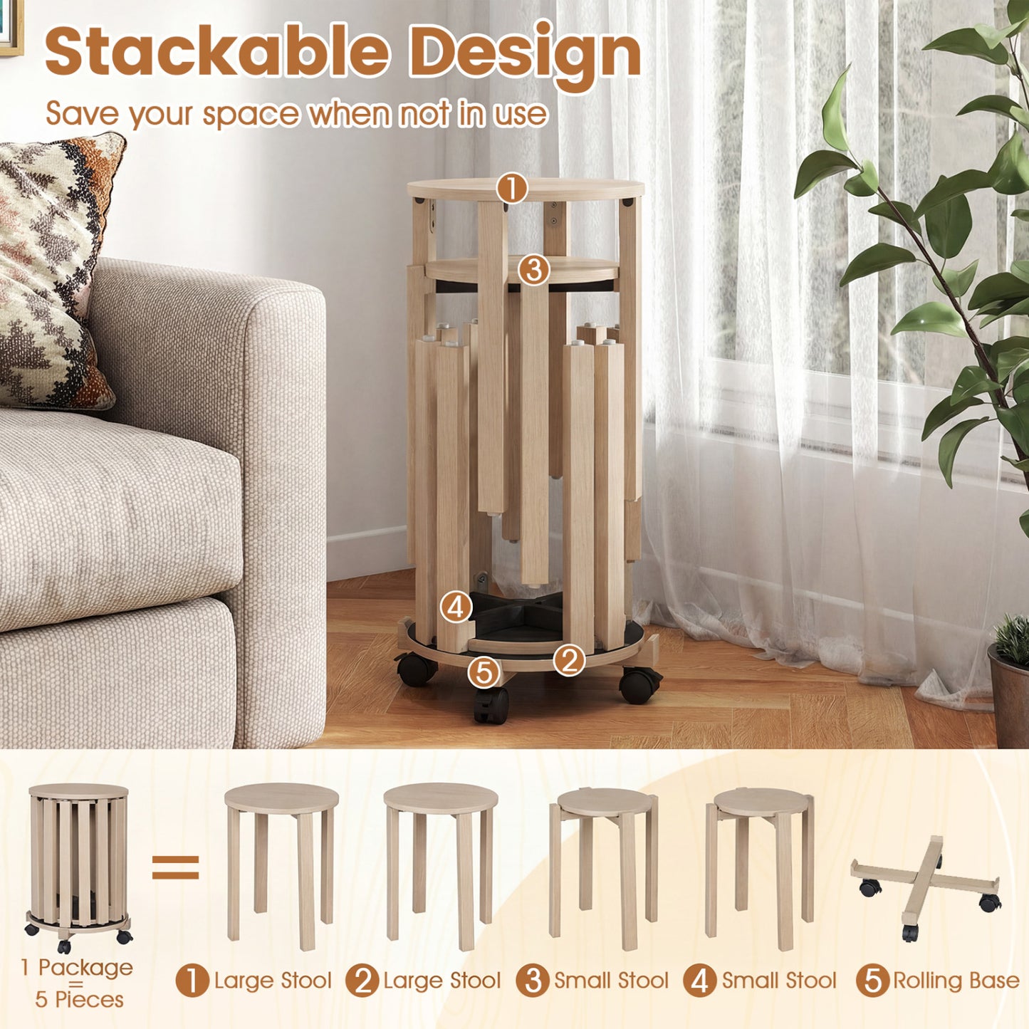 Round Wood Nesting Stools With Locking Casters, Natural Dining Chairs at Gallery Canada