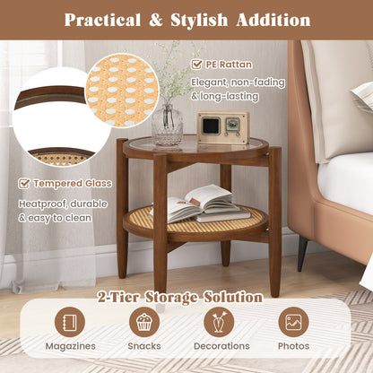 Round Rattan Side End Table with Tempered Glass Tabletop, Walnut End & Side Tables at Gallery Canada