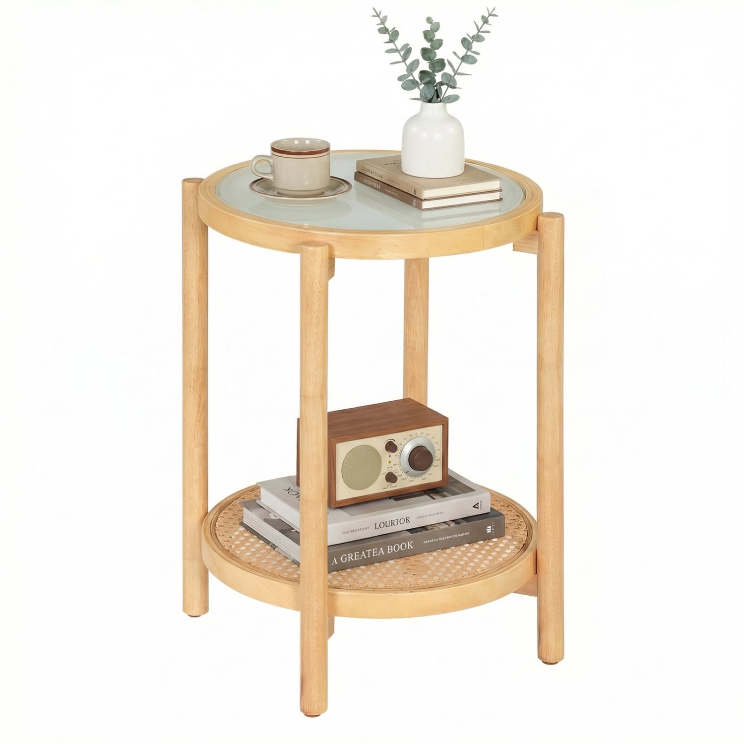 Round 2-Tier Boho End Table, Glass Top, Natural End & Side Tables Natural at Gallery Canada