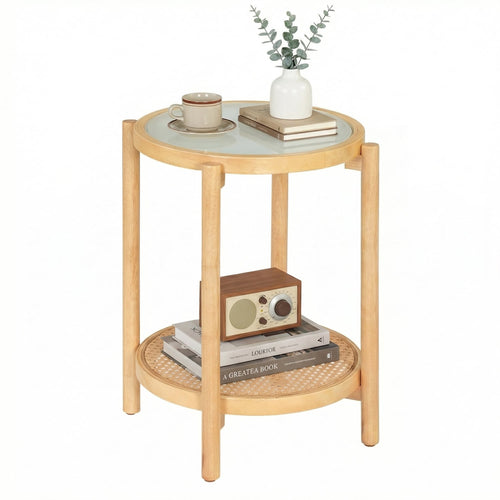 Round 2-Tier Boho End Table, Glass Top, Natural