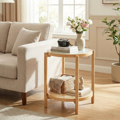 Round 2-Tier Boho End Table, Glass Top, Natural End & Side Tables at Gallery Canada