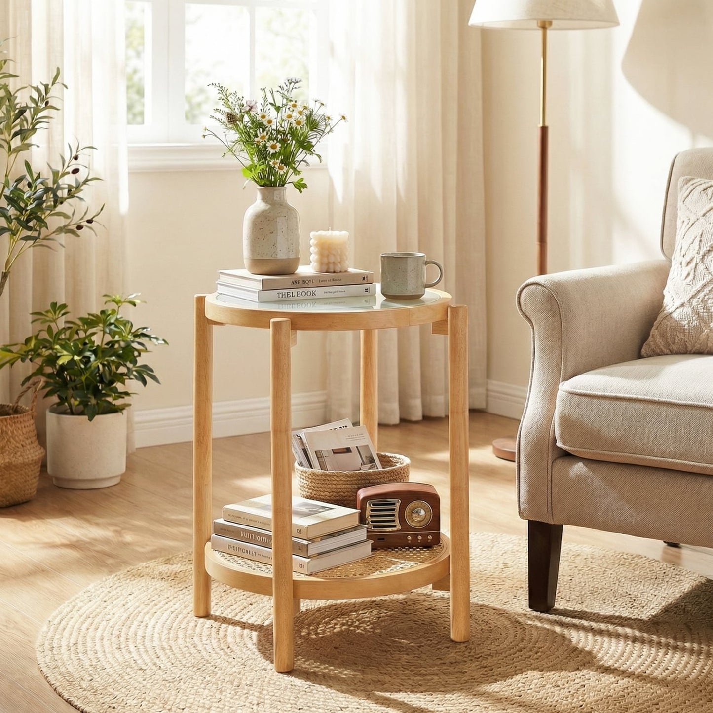 Round 2-Tier Boho End Table, Glass Top, Natural End & Side Tables at Gallery Canada