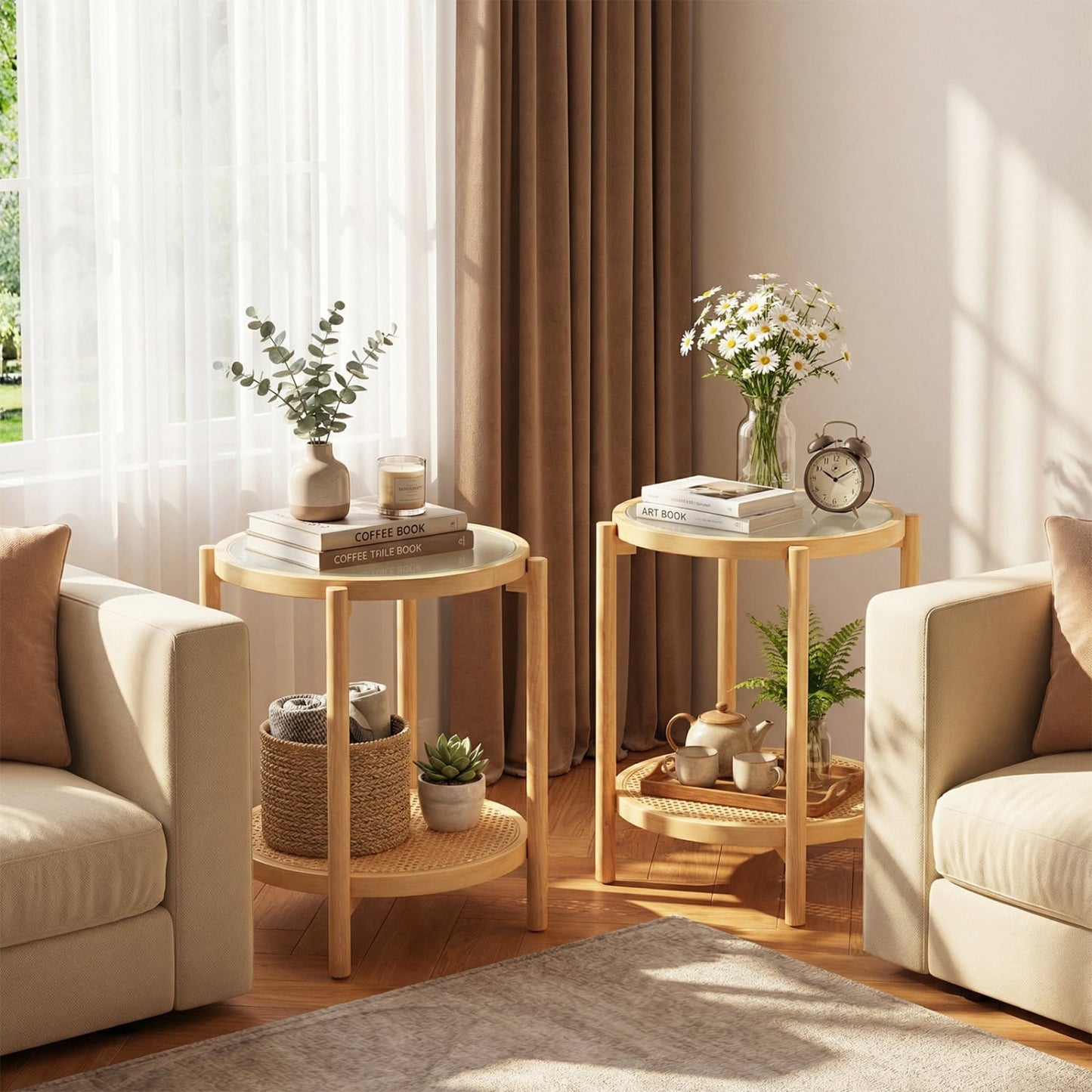 Round 2-Tier Boho End Table, Glass Top, Natural End & Side Tables at Gallery Canada