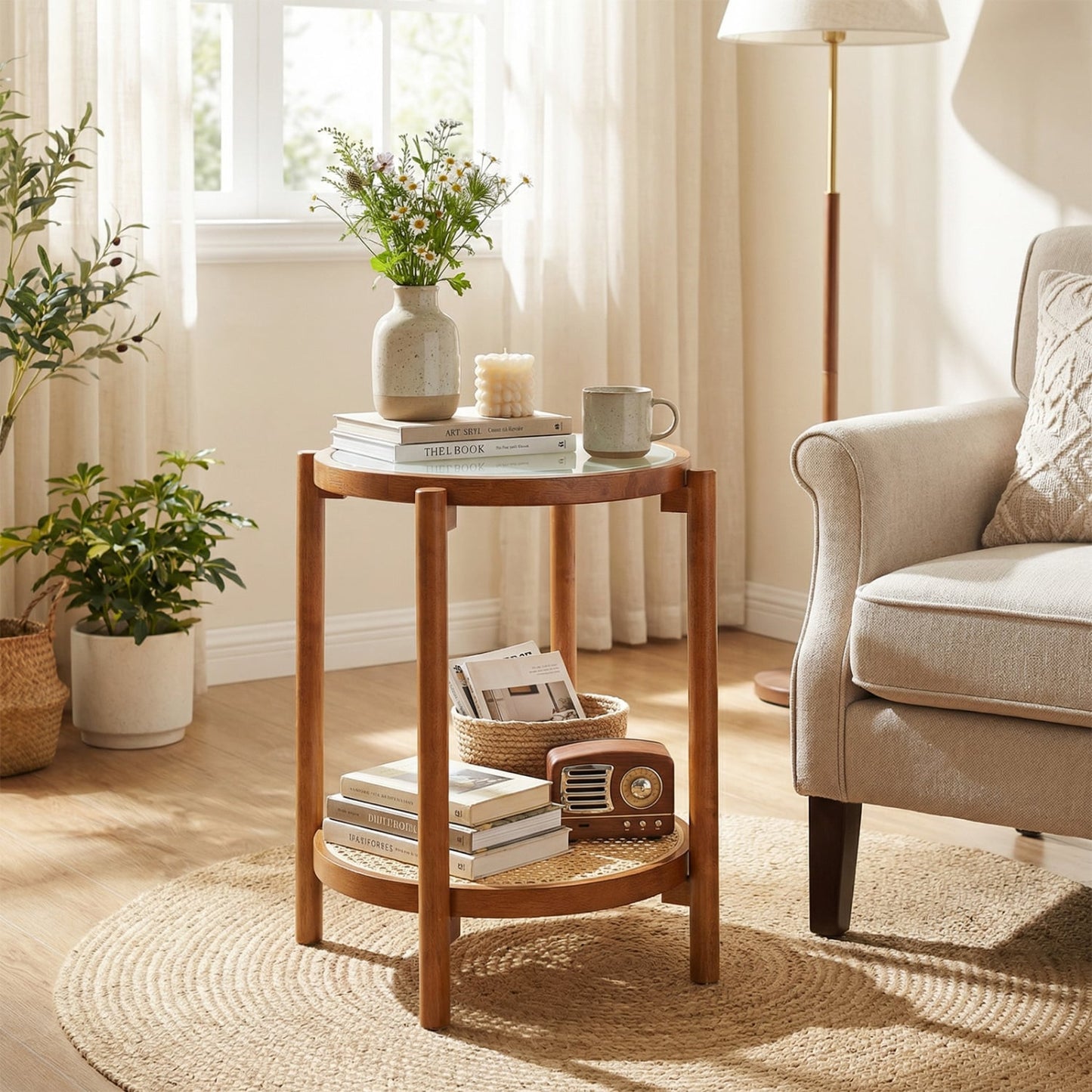 Round Side Table 2-Tier Boho End Table, Walnut End & Side Tables at Gallery Canada
