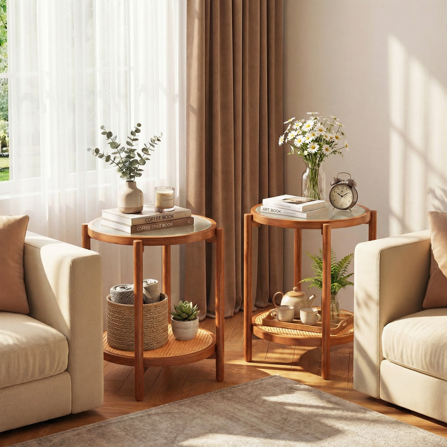 Round Side Table 2-Tier Boho End Table, Walnut End & Side Tables at Gallery Canada