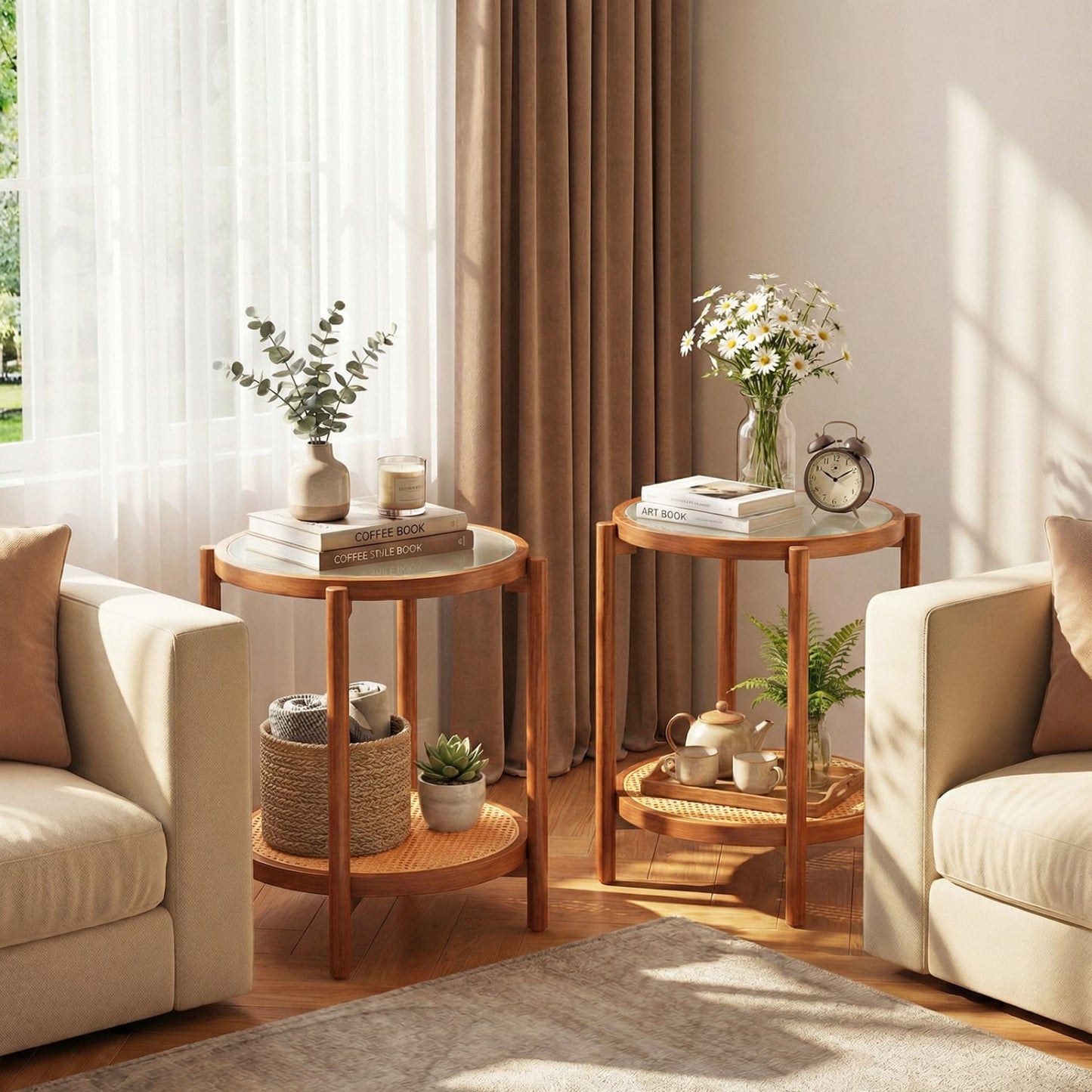 Round Side Table 2-Tier Boho End Table, Walnut End & Side Tables at Gallery Canada
