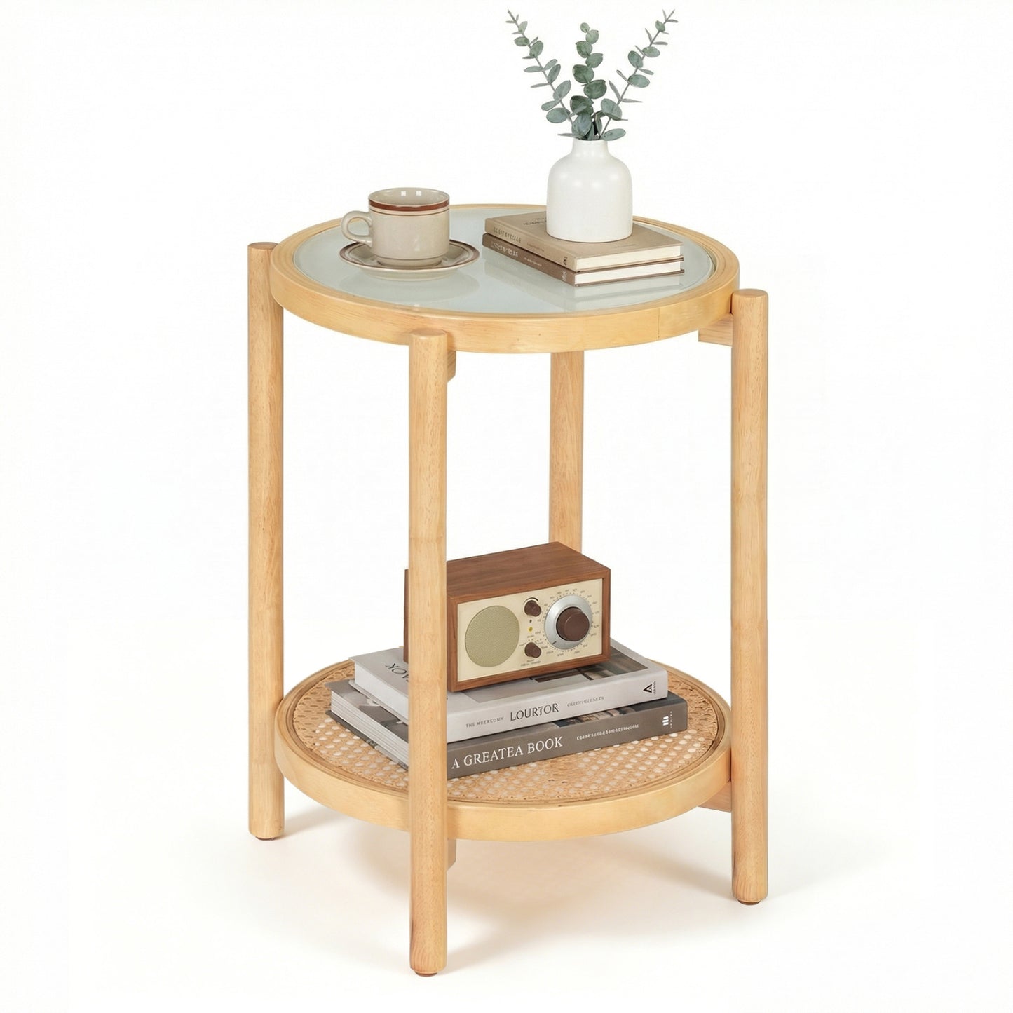 Round 2-Tier Boho End Table, Glass Top, Natural End & Side Tables at Gallery Canada