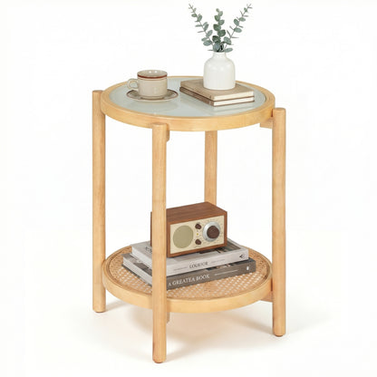 Round 2-Tier Boho End Table, Glass Top, Natural End & Side Tables at Gallery Canada