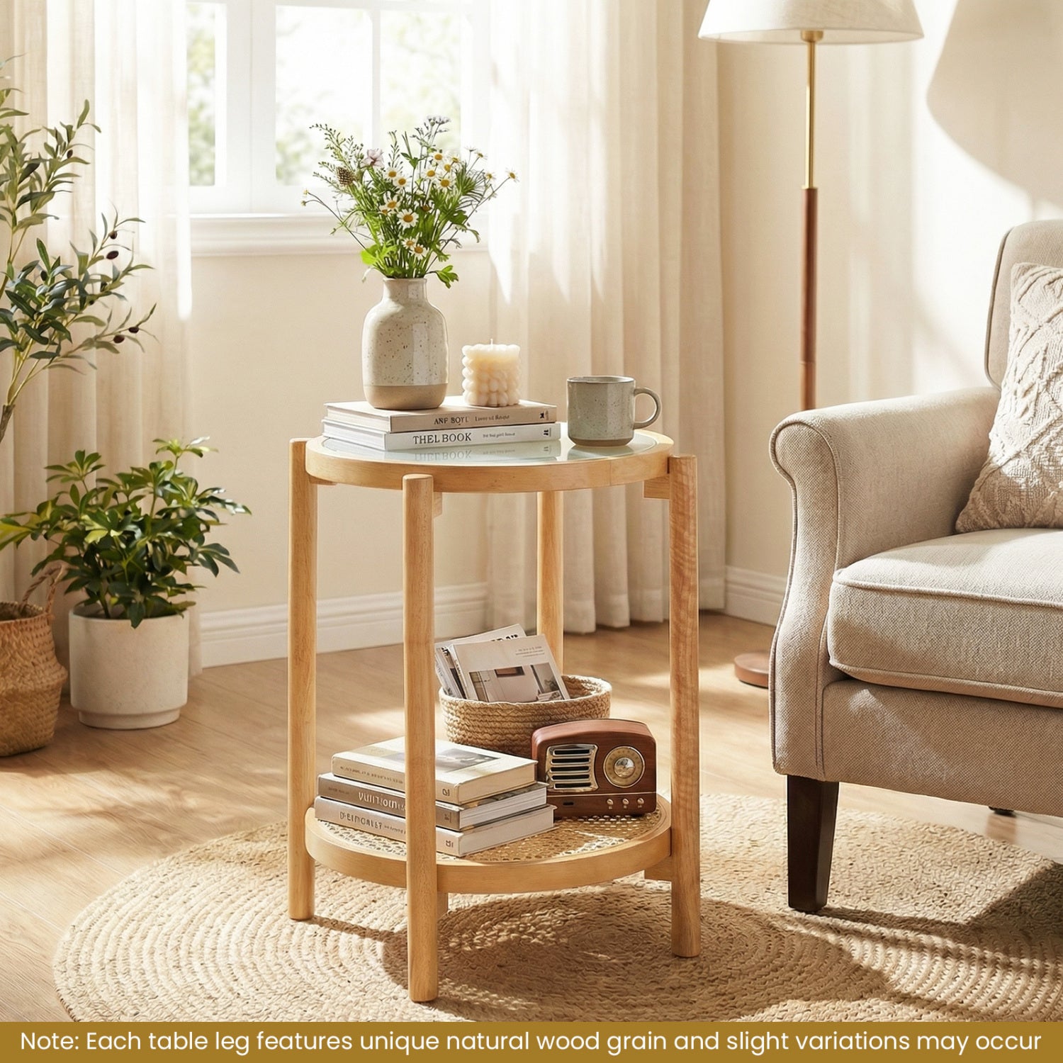 Round 2-Tier Boho End Table, Glass Top, Natural End & Side Tables at Gallery Canada