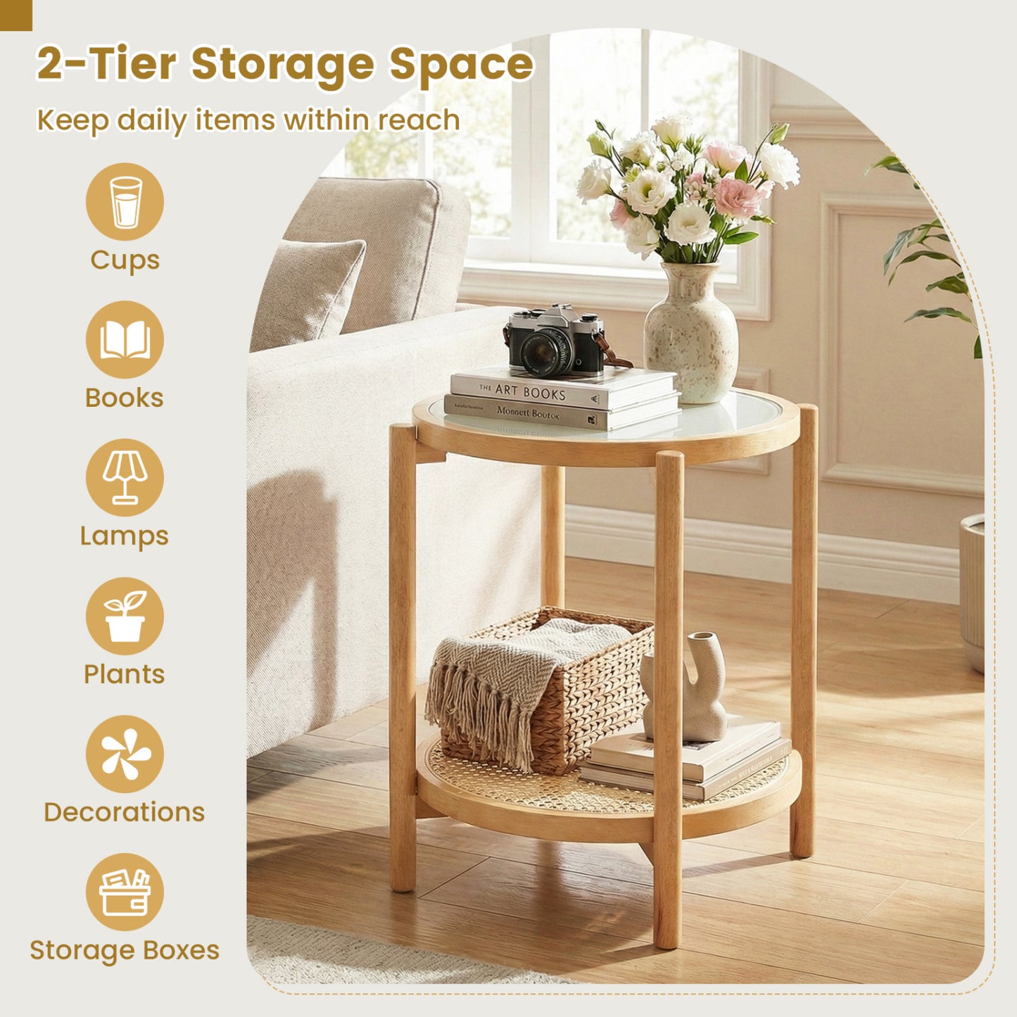 Round 2-Tier Boho End Table, Glass Top, Natural End & Side Tables at Gallery Canada