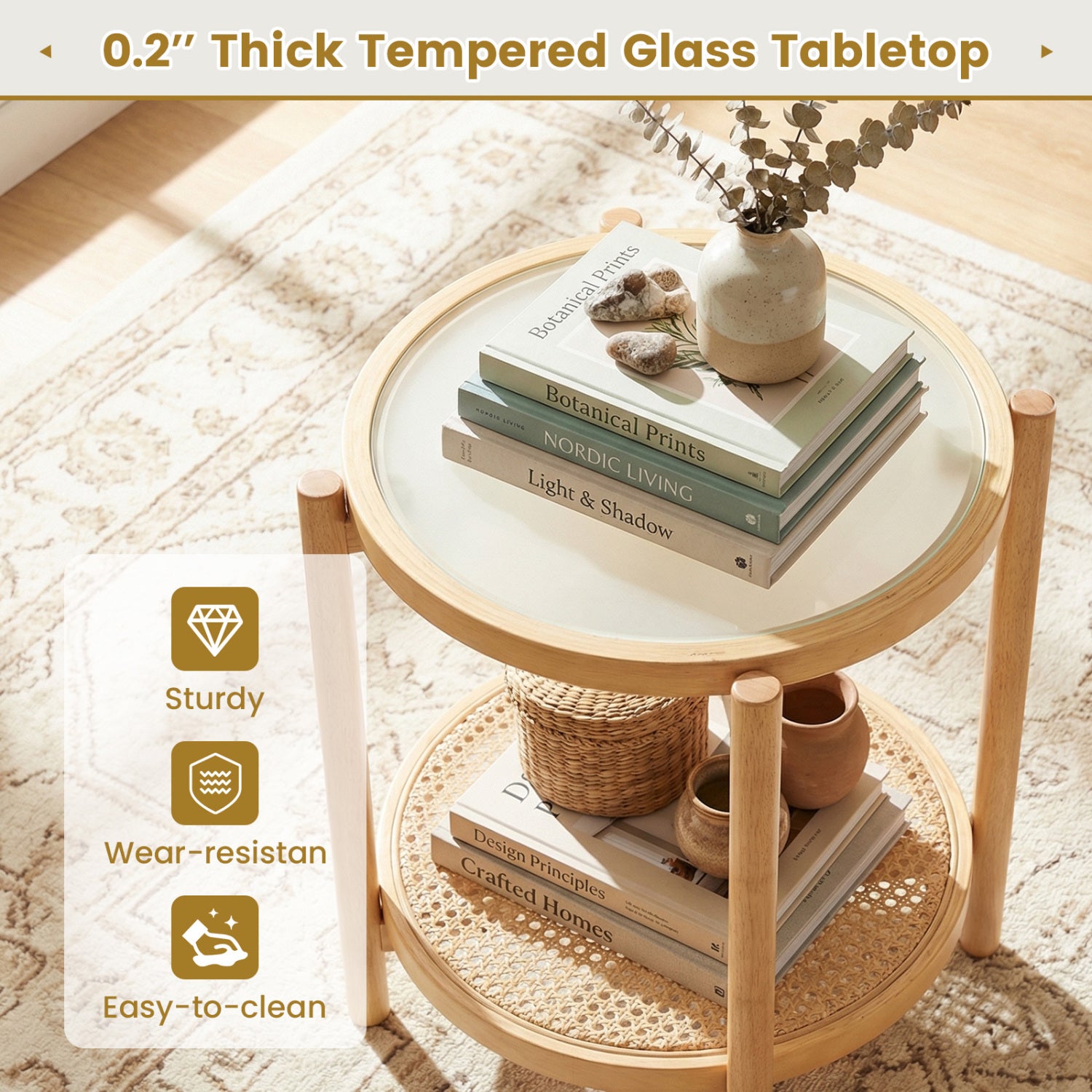 Round 2-Tier Boho End Table, Glass Top, Natural End & Side Tables at Gallery Canada