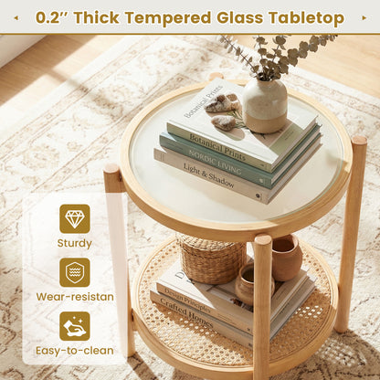 Round 2-Tier Boho End Table, Glass Top, Natural End & Side Tables at Gallery Canada