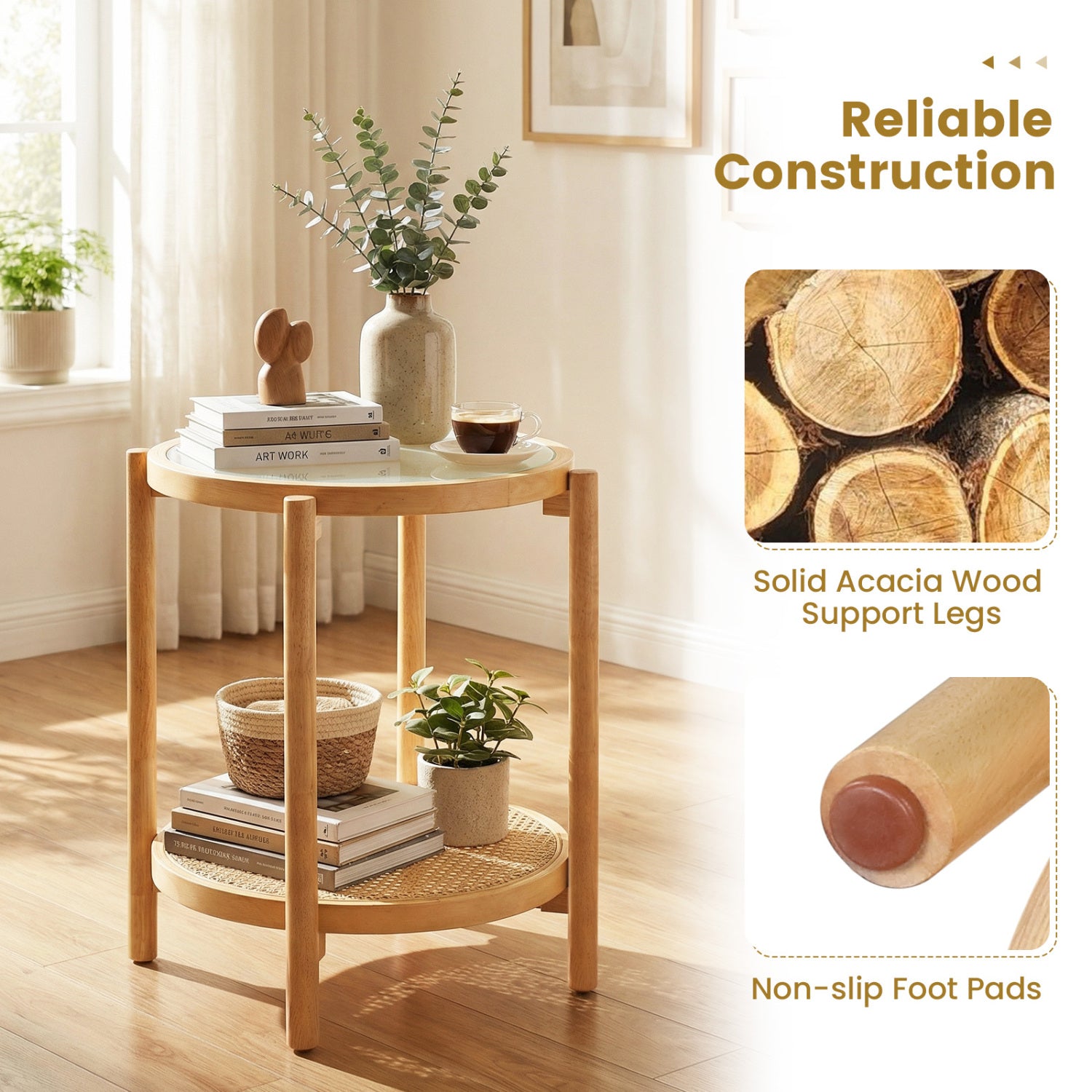 Round 2-Tier Boho End Table, Glass Top, Natural End & Side Tables at Gallery Canada