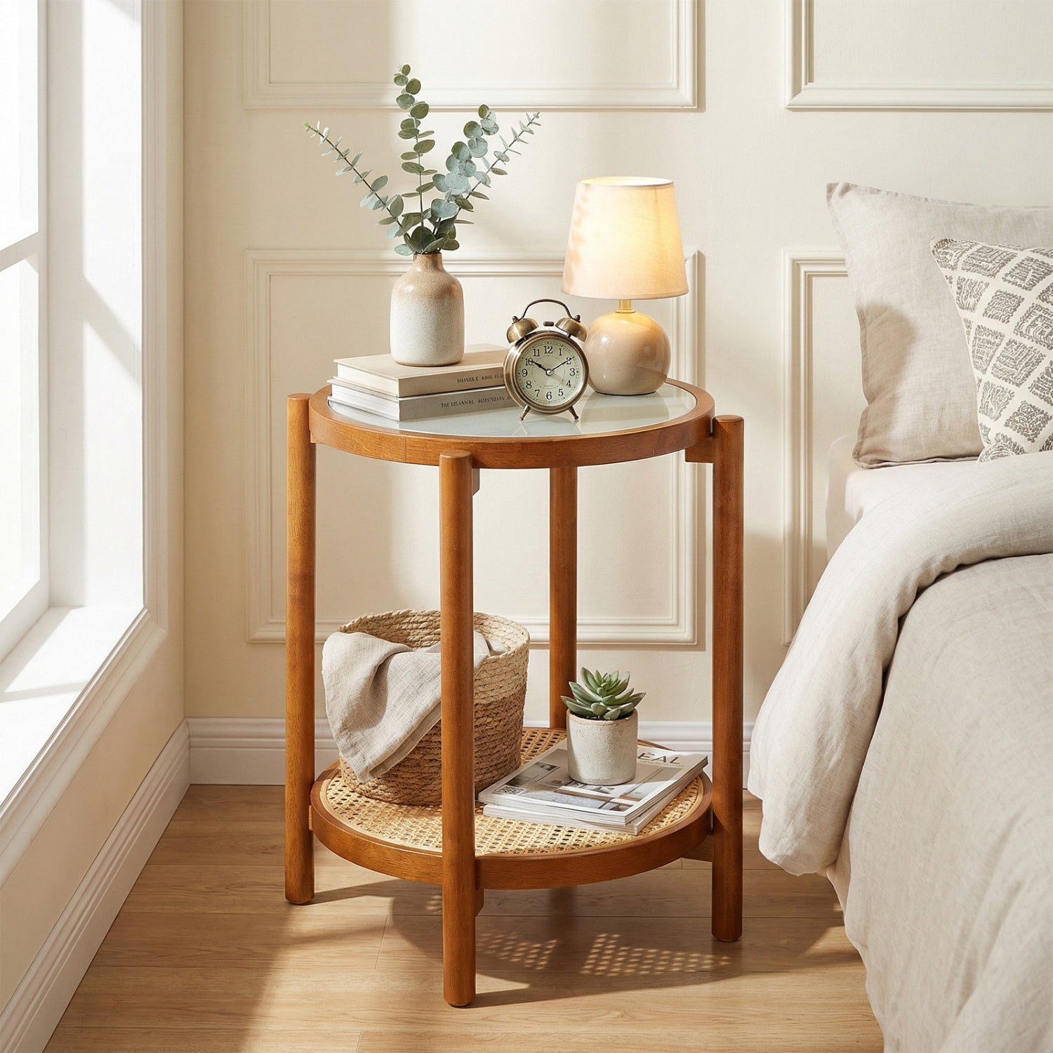 Round Side Table 2-Tier Boho End Table, Walnut End & Side Tables at Gallery Canada