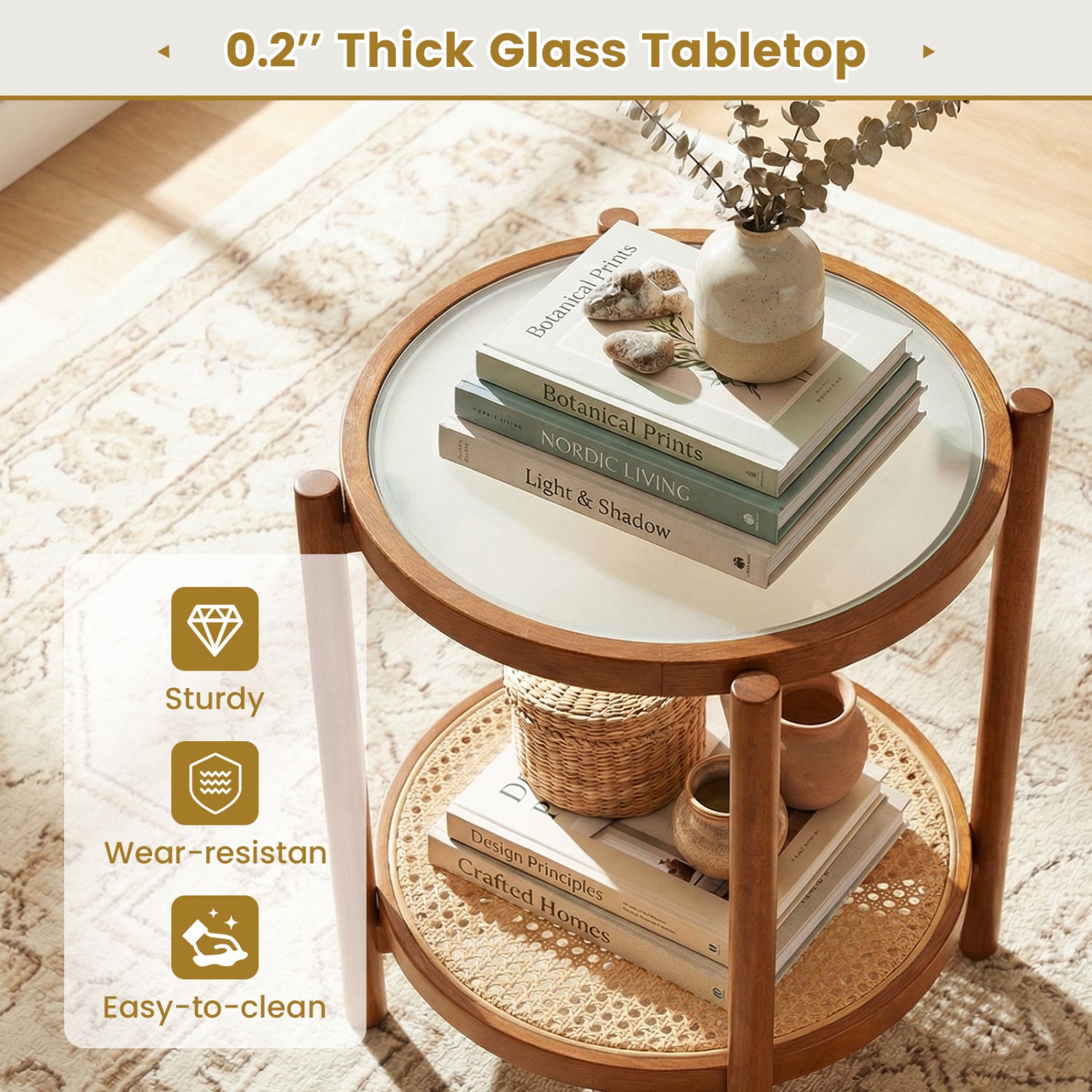 Round Side Table 2-Tier Boho End Table, Walnut End & Side Tables at Gallery Canada