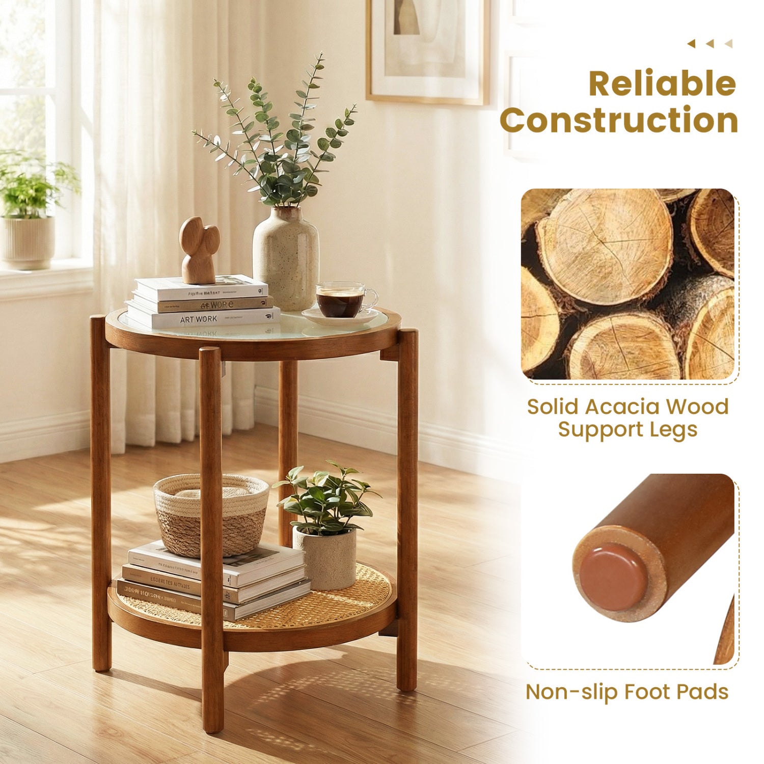Round Side Table 2-Tier Boho End Table, Walnut End & Side Tables at Gallery Canada
