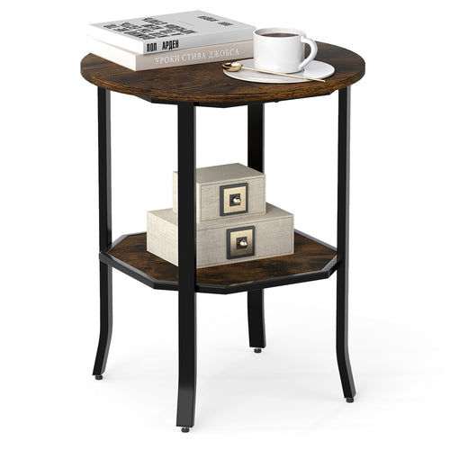 Round Side Table, 2-Tier Storage Shelf, Brown