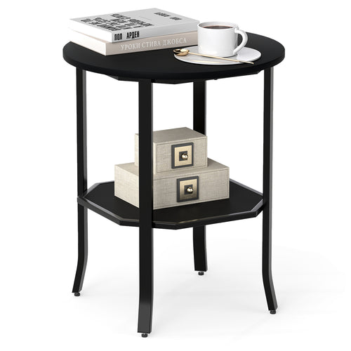 Round Side Table, 2-Tier Nightstand With Storage Shelf, Black