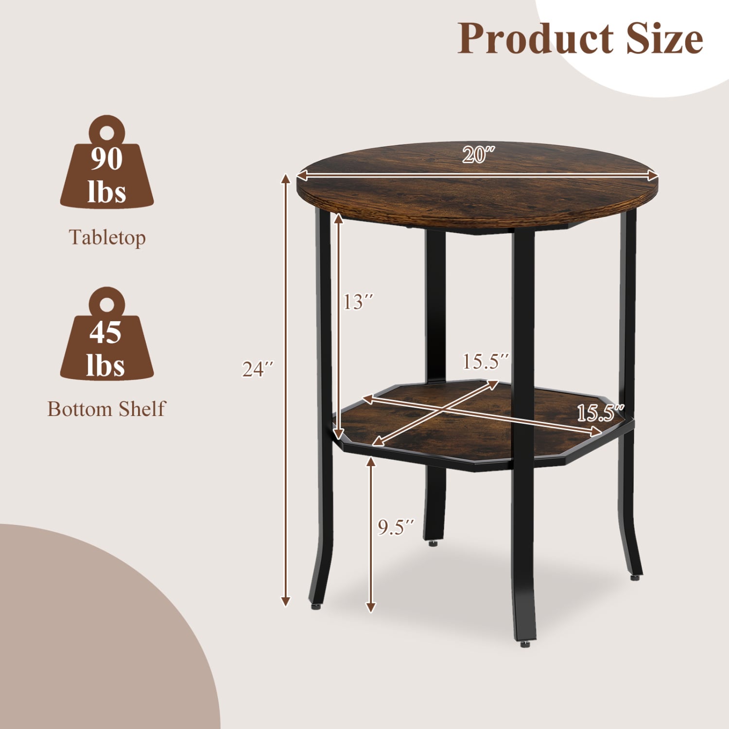 Round Side Table, 2-Tier Storage Shelf, Brown End & Side Tables at Gallery Canada