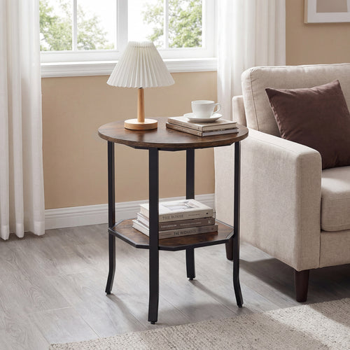 Round Side Table, 2-Tier Storage Shelf, Brown