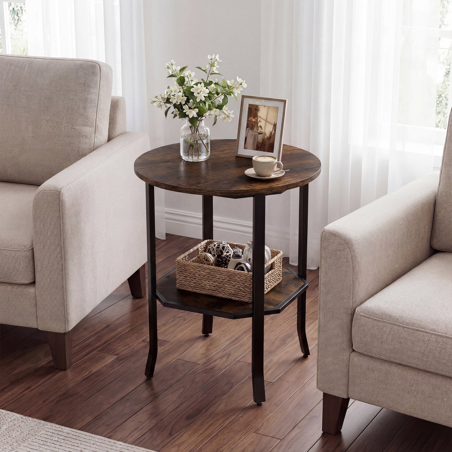 Round Side Table, 2-Tier Storage Shelf, Brown End & Side Tables at Gallery Canada