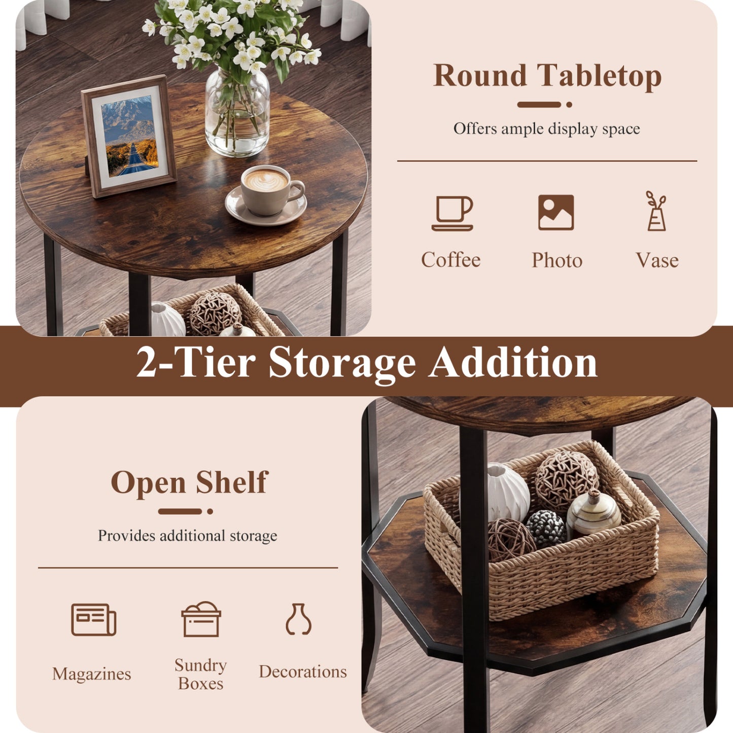 Round Side Table, 2-Tier Storage Shelf, Brown End & Side Tables at Gallery Canada