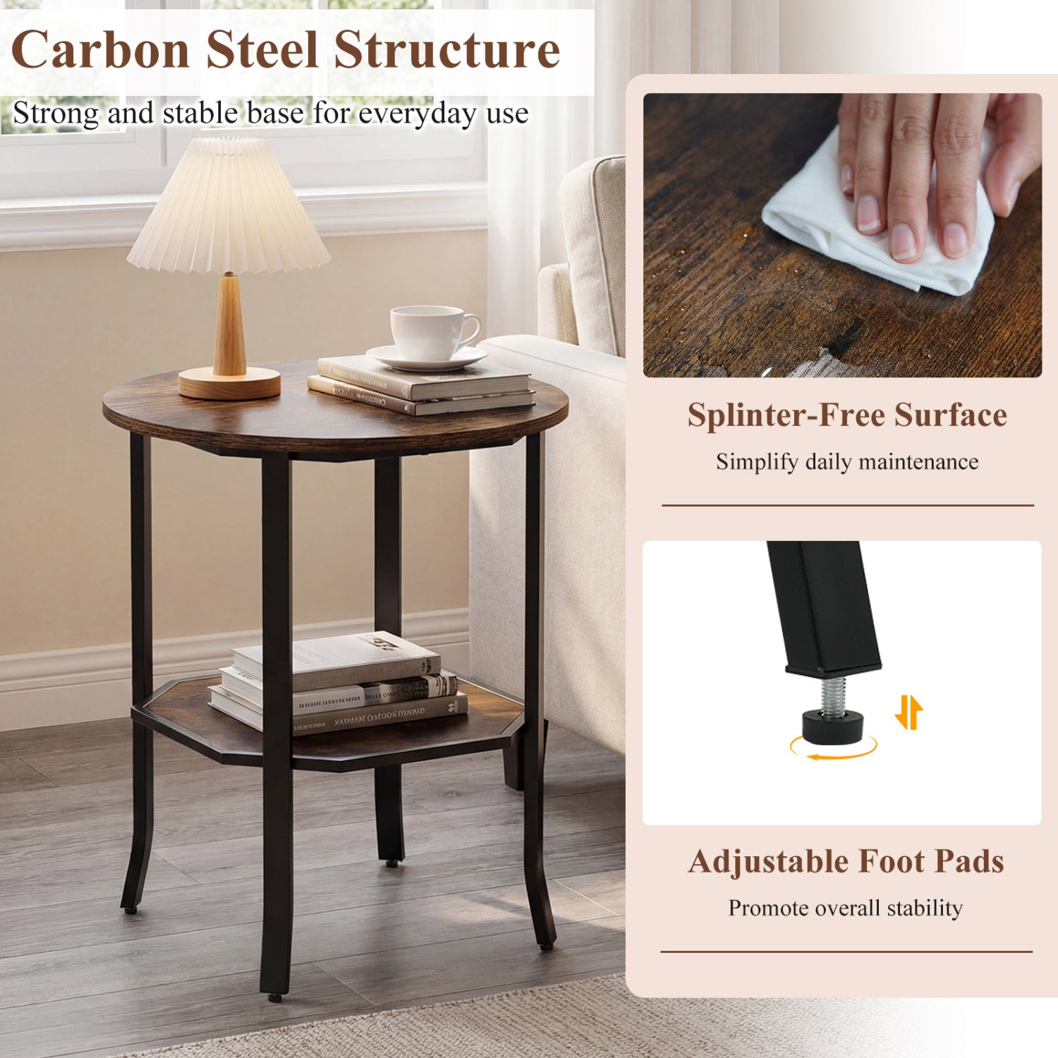 Round Side Table, 2-Tier Storage Shelf, Brown End & Side Tables at Gallery Canada