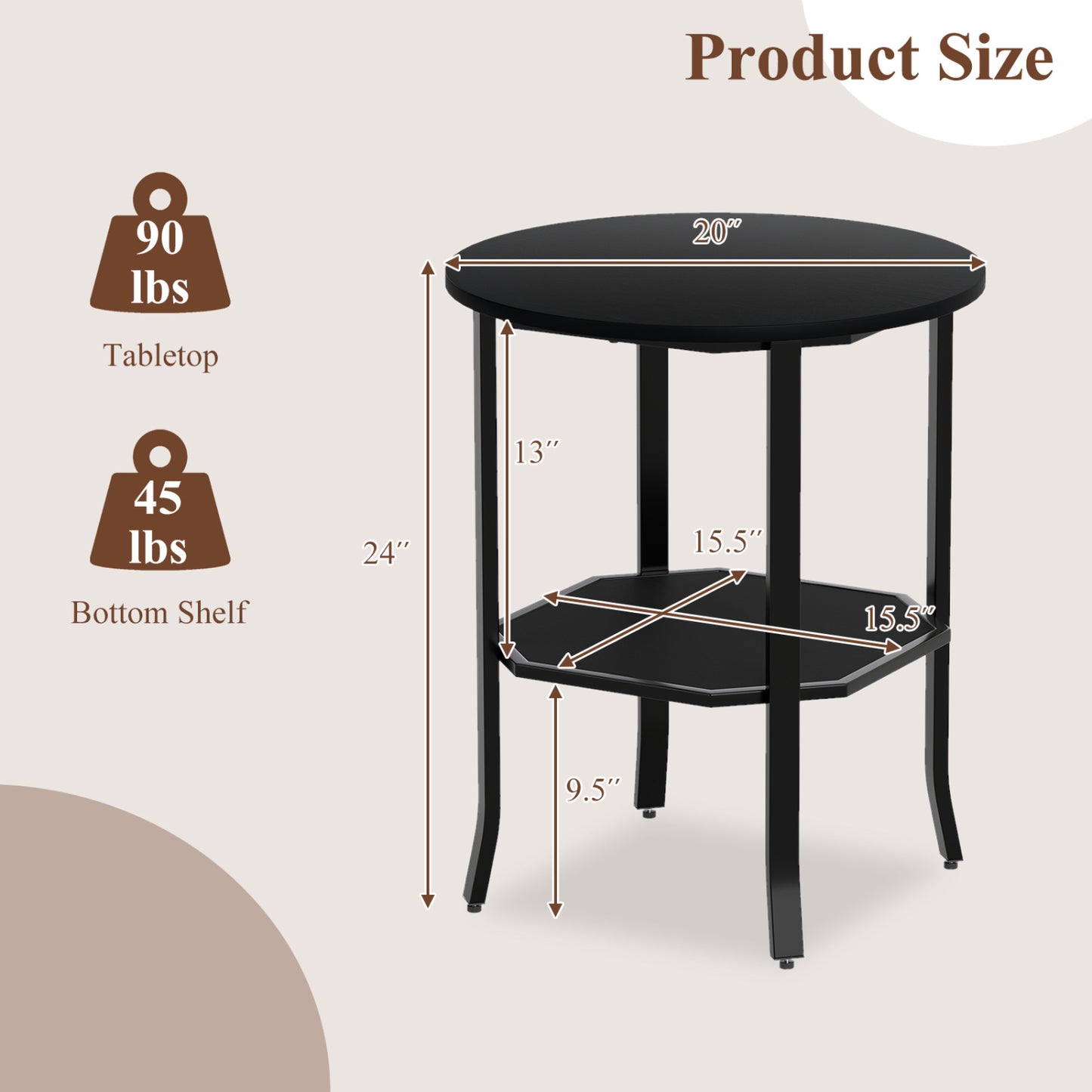 Round Side Table, 2-Tier Nightstand With Storage Shelf, Black End & Side Tables at Gallery Canada