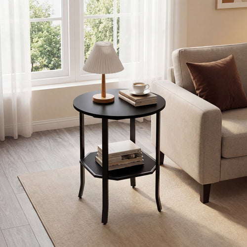 Round Side Table, 2-Tier Nightstand With Storage Shelf, Black